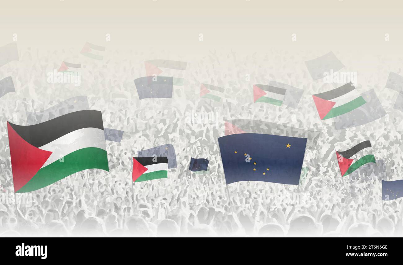 Palestine and Alaska flags in a crowd of cheering people. Crowd of people with flags. Vector illustration. Stock Vector