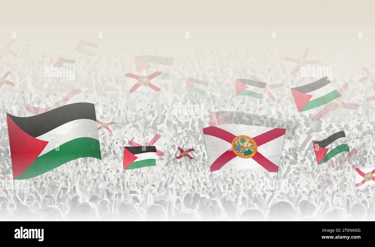 Palestine and Florida flags in a crowd of cheering people. Crowd of people with flags. Vector illustration. Stock Vector