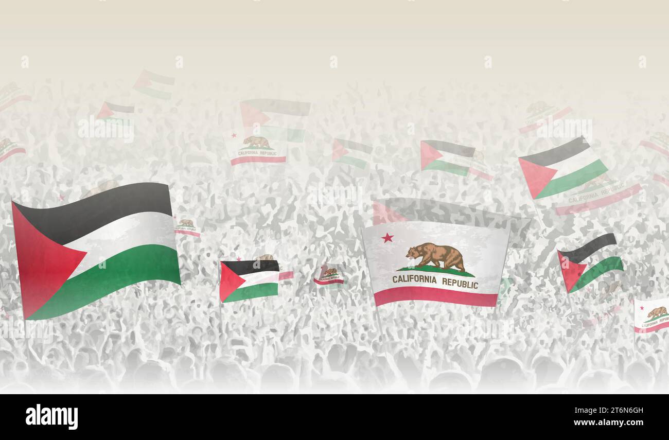 Palestine and California flags in a crowd of cheering people. Crowd of people with flags. Vector illustration. Stock Vector