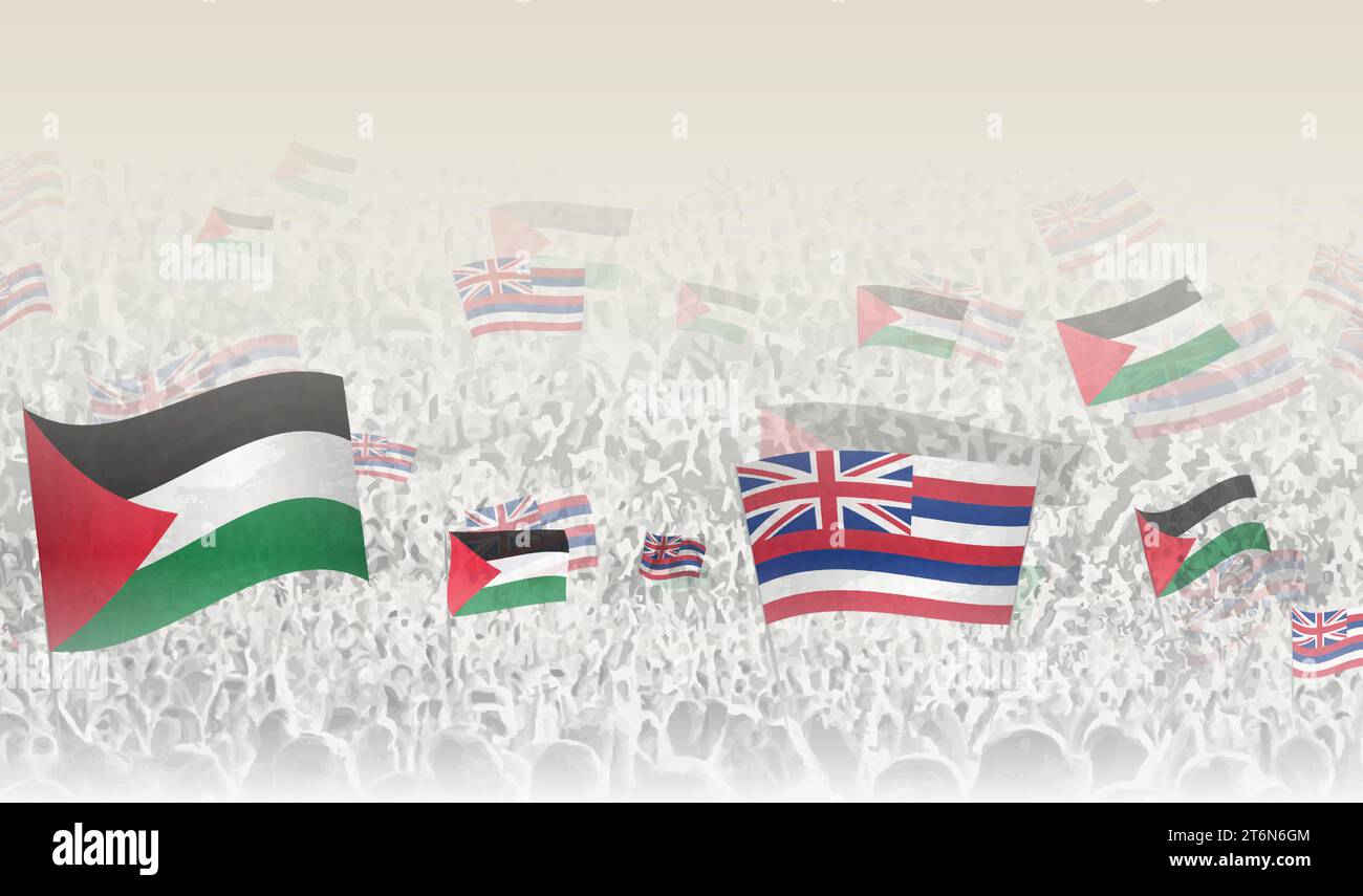 Palestine and Hawaii flags in a crowd of cheering people. Crowd of people with flags. Vector illustration. Stock Vector
