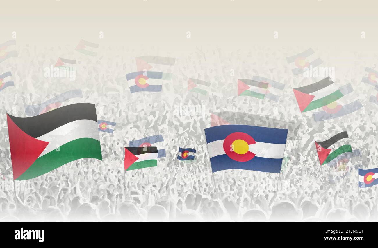 Palestine and Colorado flags in a crowd of cheering people. Crowd of people with flags. Vector illustration. Stock Vector