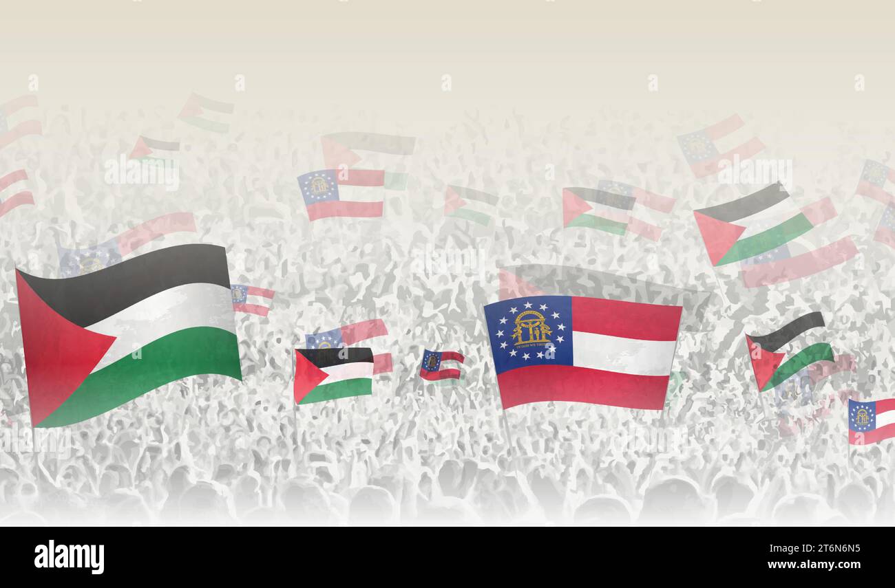 Palestine and Georgia flags in a crowd of cheering people. Crowd of people with flags. Vector illustration. Stock Vector