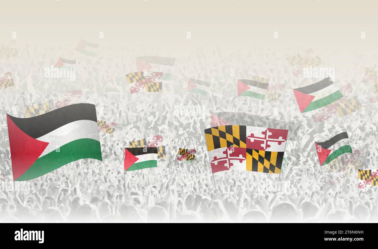 Palestine and Maryland flags in a crowd of cheering people. Crowd of people with flags. Vector illustration. Stock Vector