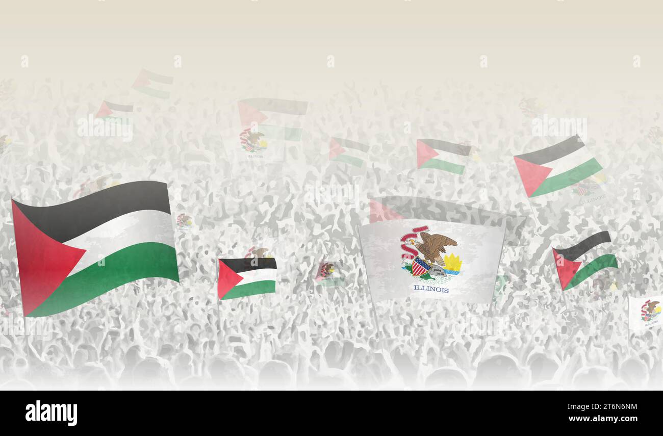 Palestine and Illinois flags in a crowd of cheering people. Crowd of people with flags. Vector illustration. Stock Vector