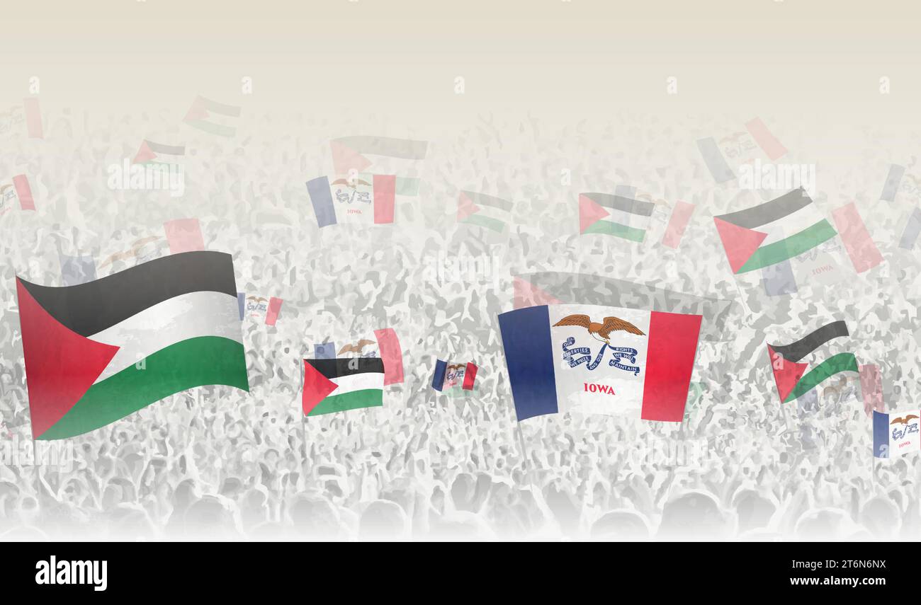 Palestine and Iowa flags in a crowd of cheering people. Crowd of people with flags. Vector illustration. Stock Vector