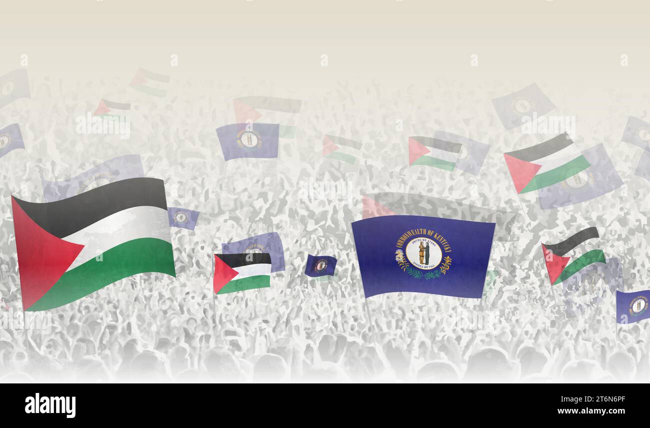 Palestine and Kentucky flags in a crowd of cheering people. Crowd of people with flags. Vector illustration. Stock Vector