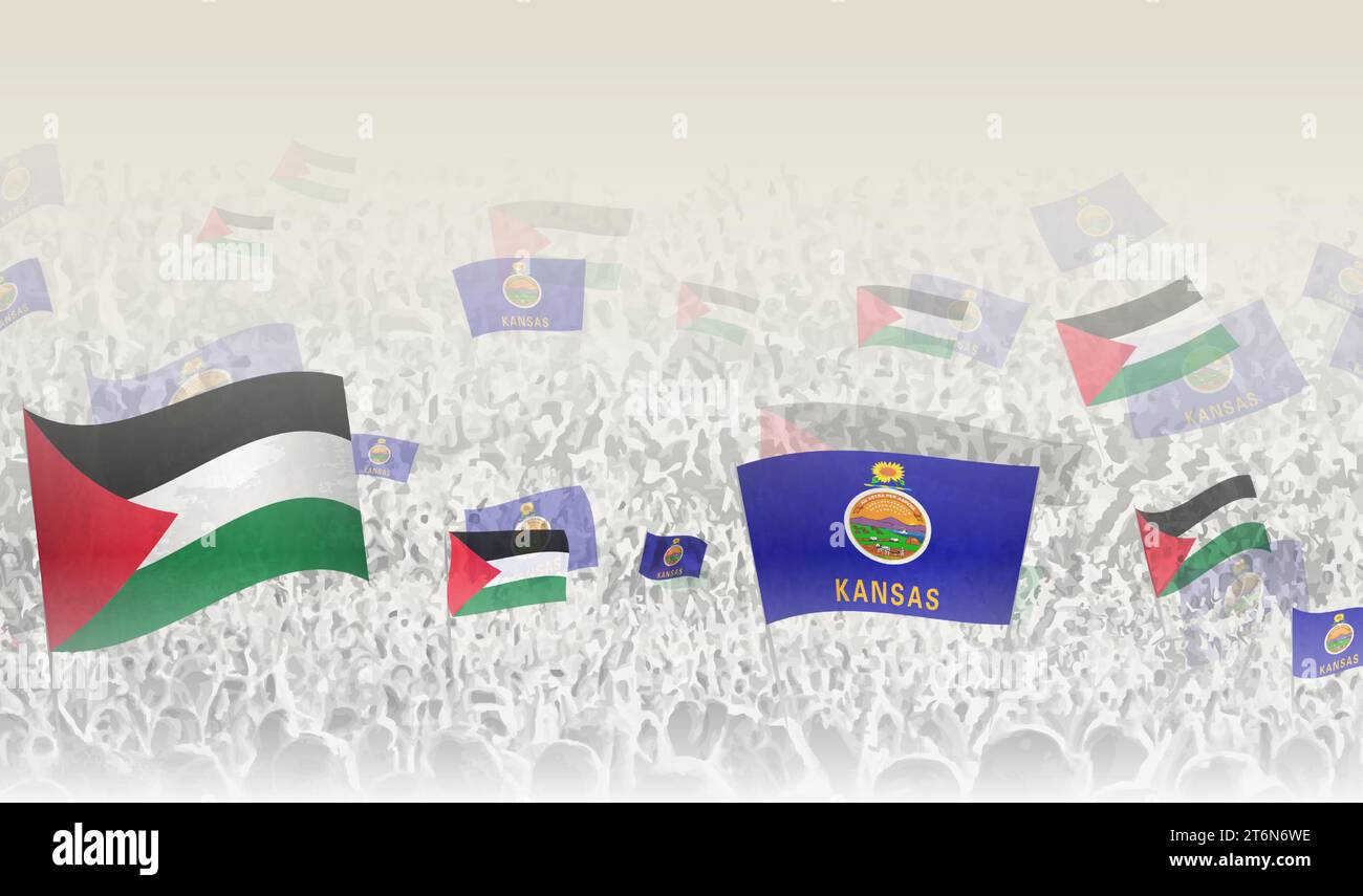 Palestine and Kansas flags in a crowd of cheering people. Crowd of people with flags. Vector illustration. Stock Vector