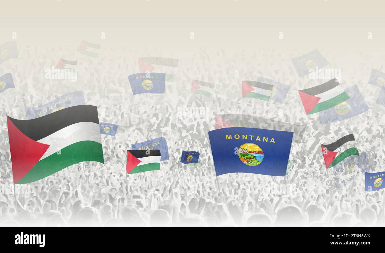 Palestine and Montana flags in a crowd of cheering people. Crowd of people with flags. Vector illustration. Stock Vector