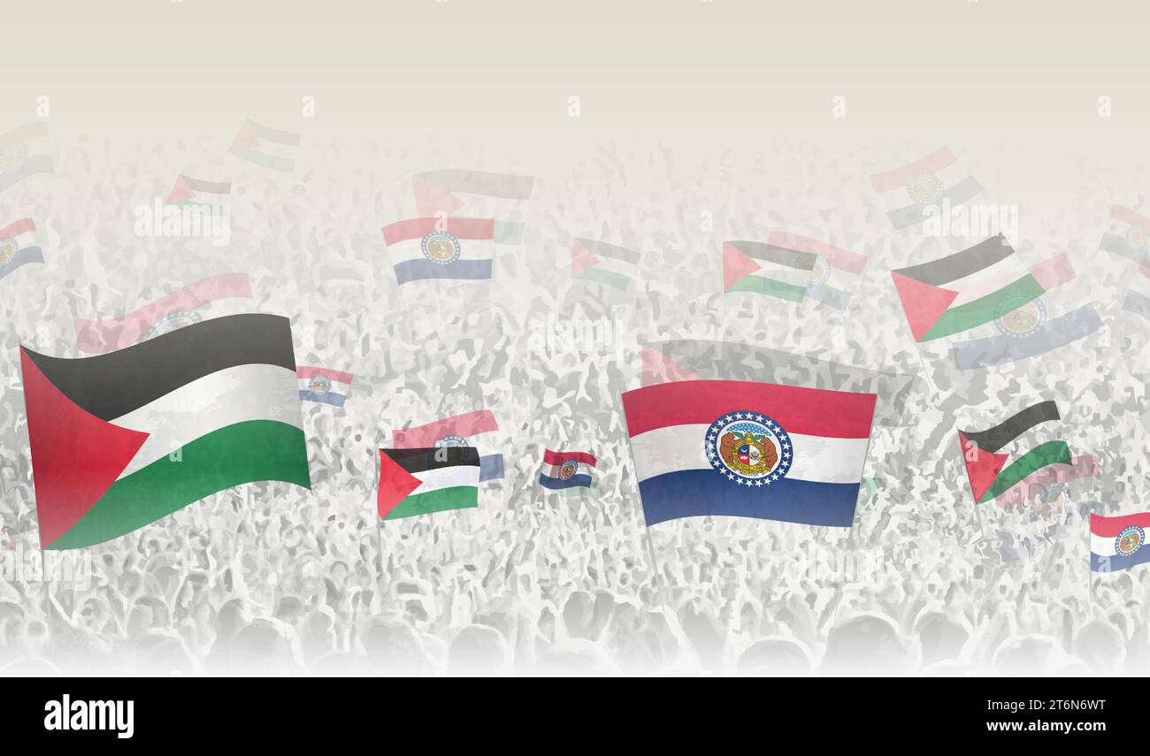 Palestine and Missouri flags in a crowd of cheering people. Crowd of people with flags. Vector illustration. Stock Vector