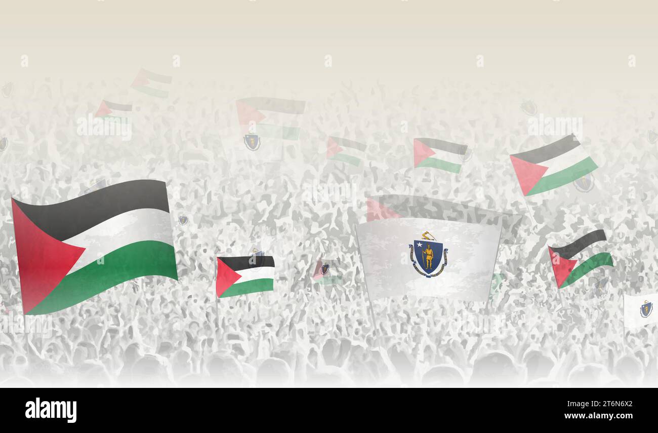Palestine and Massachusetts flags in a crowd of cheering people. Crowd of people with flags. Vector illustration. Stock Vector