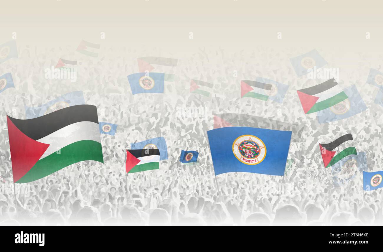 Palestine and Minnesota flags in a crowd of cheering people. Crowd of people with flags. Vector illustration. Stock Vector