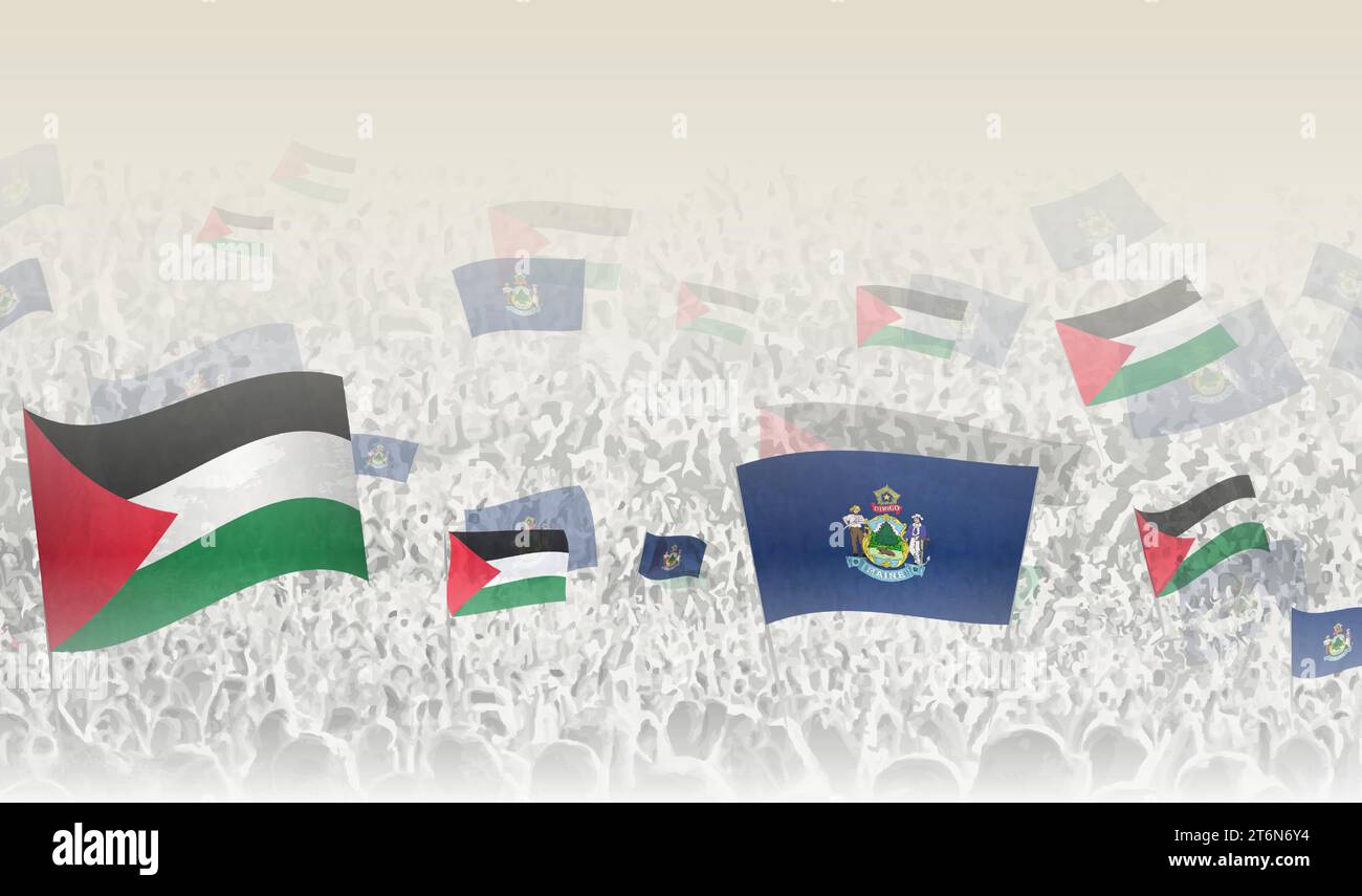 Palestine and Maine flags in a crowd of cheering people. Crowd of people with flags. Vector illustration. Stock Vector