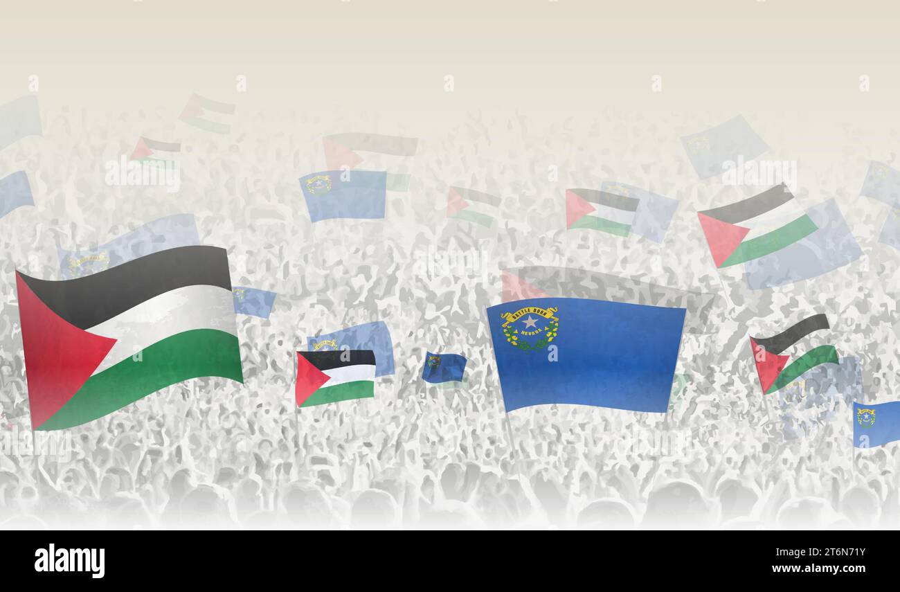 Palestine and Nevada flags in a crowd of cheering people. Crowd of people with flags. Vector illustration. Stock Vector
