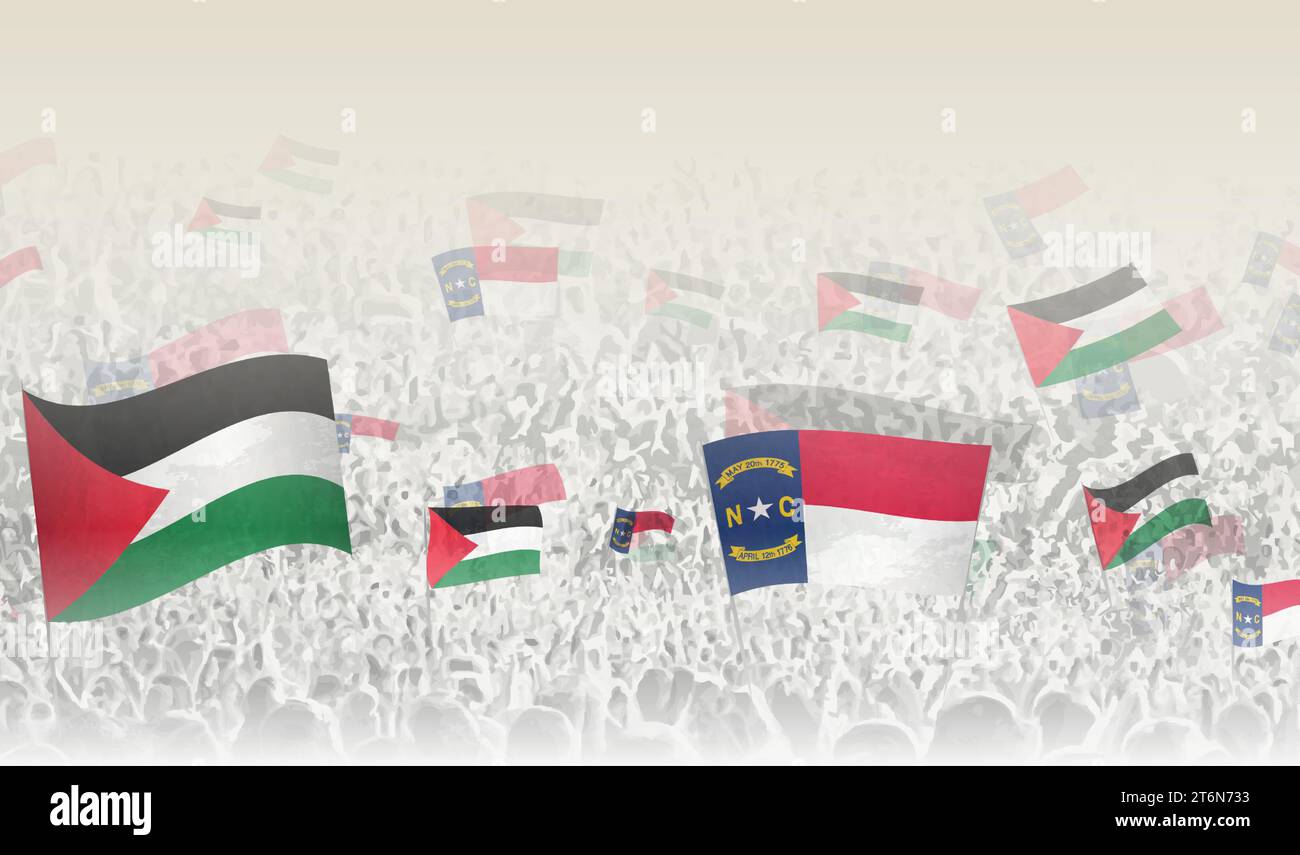 Palestine and North Carolina flags in a crowd of cheering people. Crowd of people with flags. Vector illustration. Stock Vector