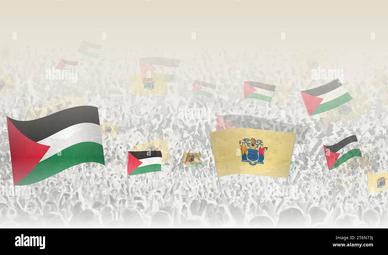 Palestine and New Jersey flags in a crowd of cheering people. Crowd of people with flags. Vector illustration. Stock Vector