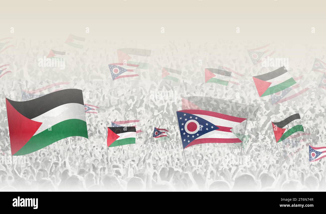 Palestine and Ohio flags in a crowd of cheering people. Crowd of people with flags. Vector illustration. Stock Vector