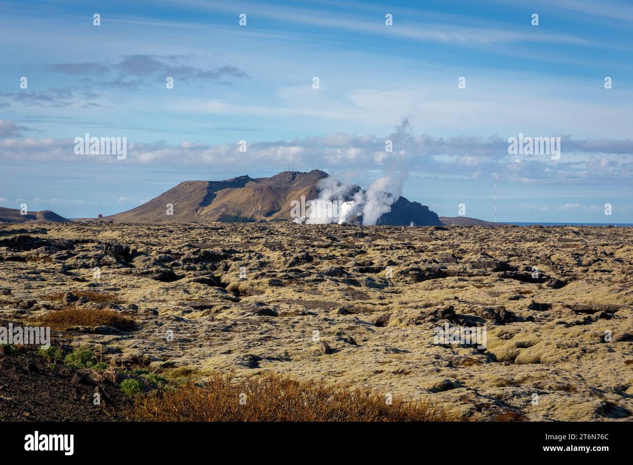 Volcanic landscape of Reykjanes peninsula with lava fields and gas ...