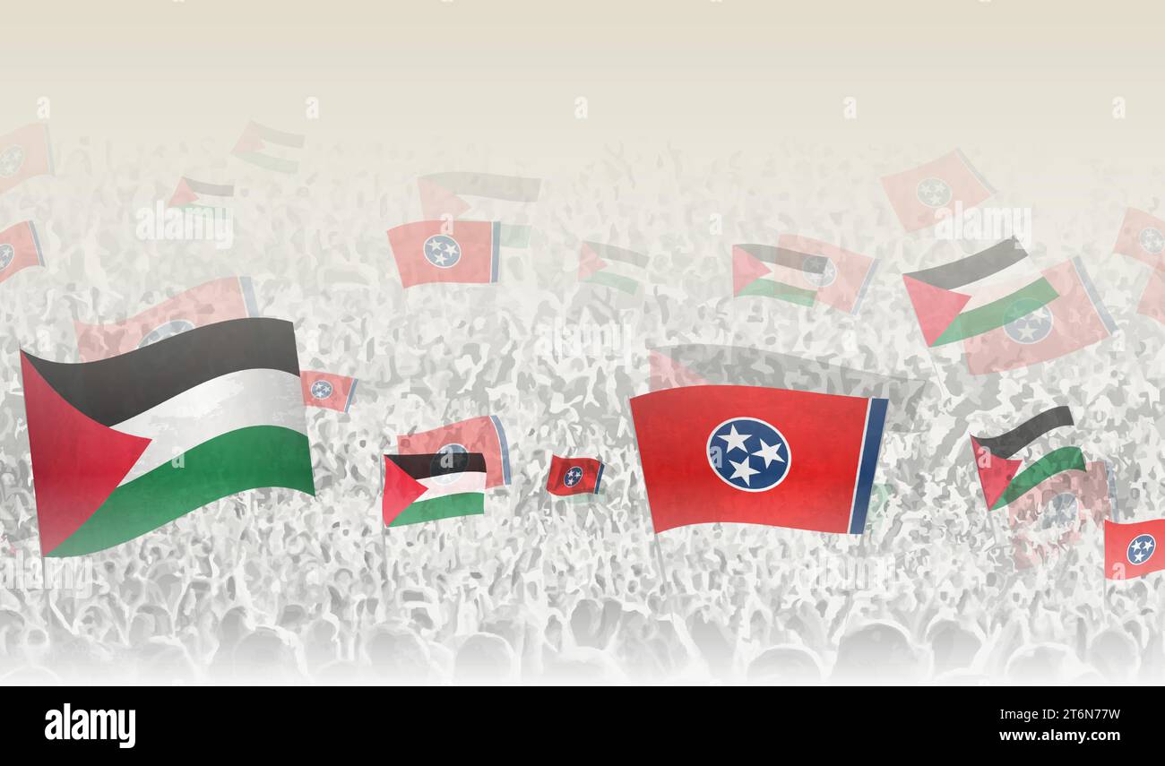 Palestine and Tennessee flags in a crowd of cheering people. Crowd of people with flags. Vector illustration. Stock Vector
