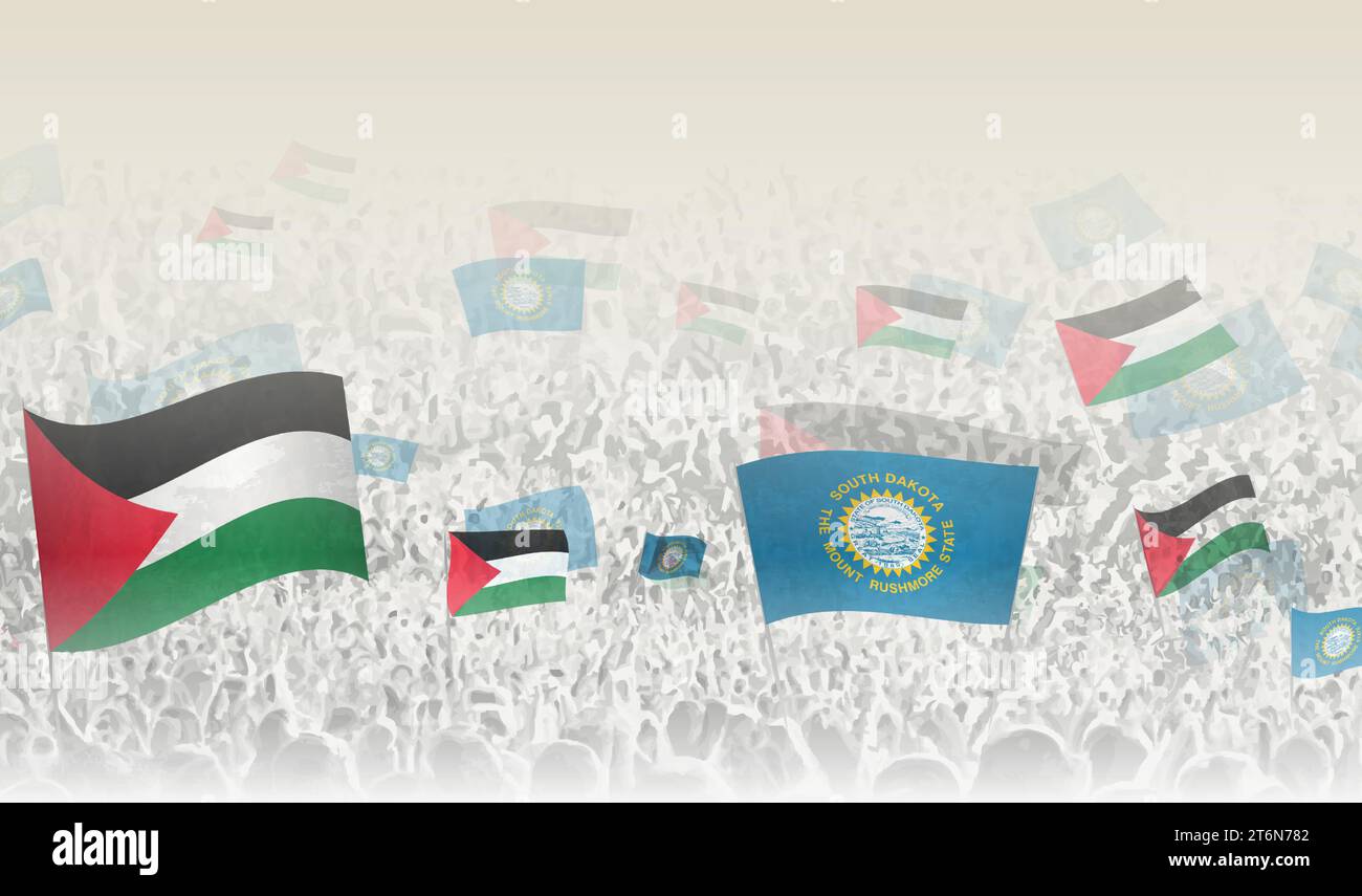 Palestine and South Dakota flags in a crowd of cheering people. Crowd of people with flags. Vector illustration. Stock Vector