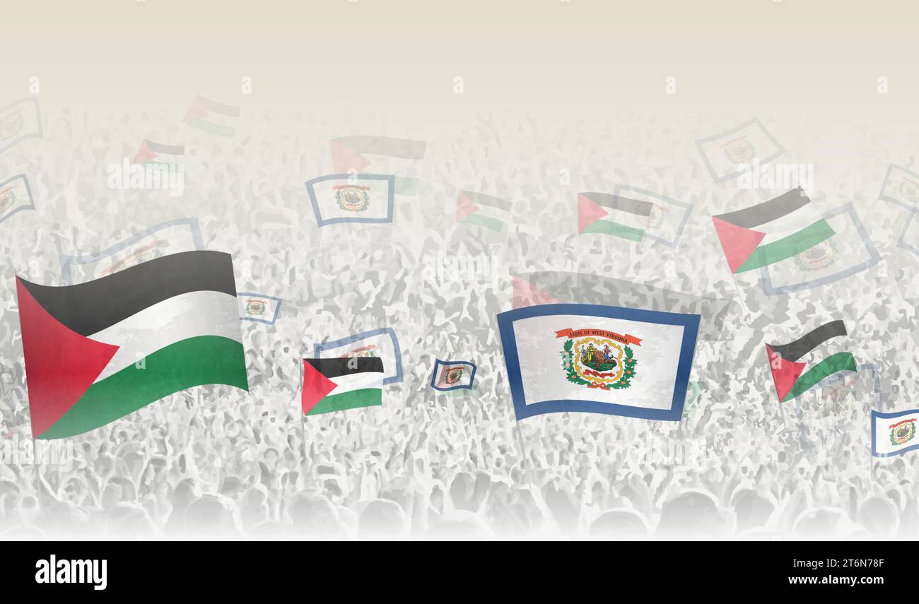 Palestine and West Virginia flags in a crowd of cheering people. Crowd of people with flags. Vector illustration. Stock Vector