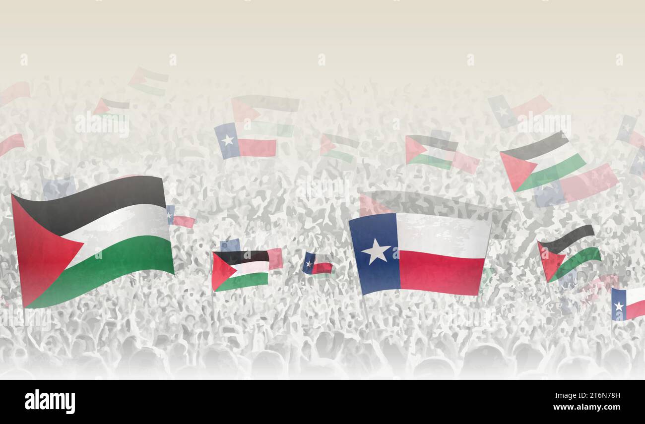 Palestine and Texas flags in a crowd of cheering people. Crowd of people with flags. Vector illustration. Stock Vector