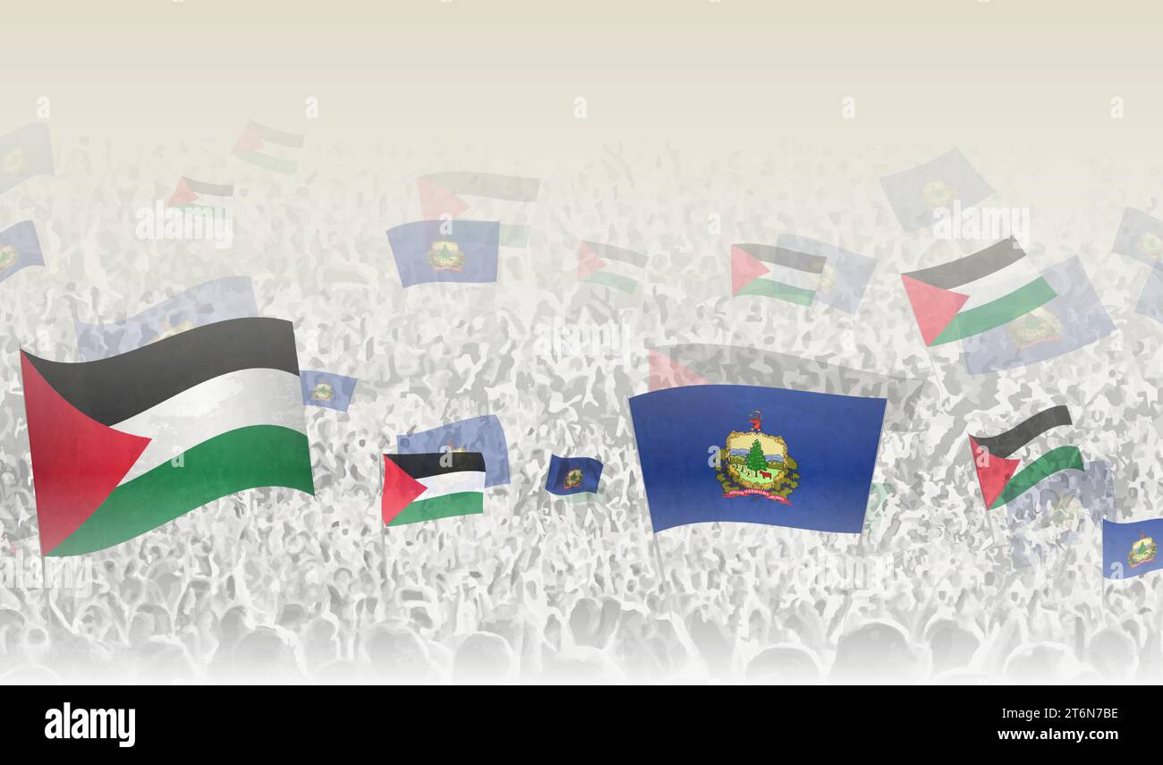 Palestine and Vermont flags in a crowd of cheering people. Crowd of people with flags. Vector illustration. Stock Vector