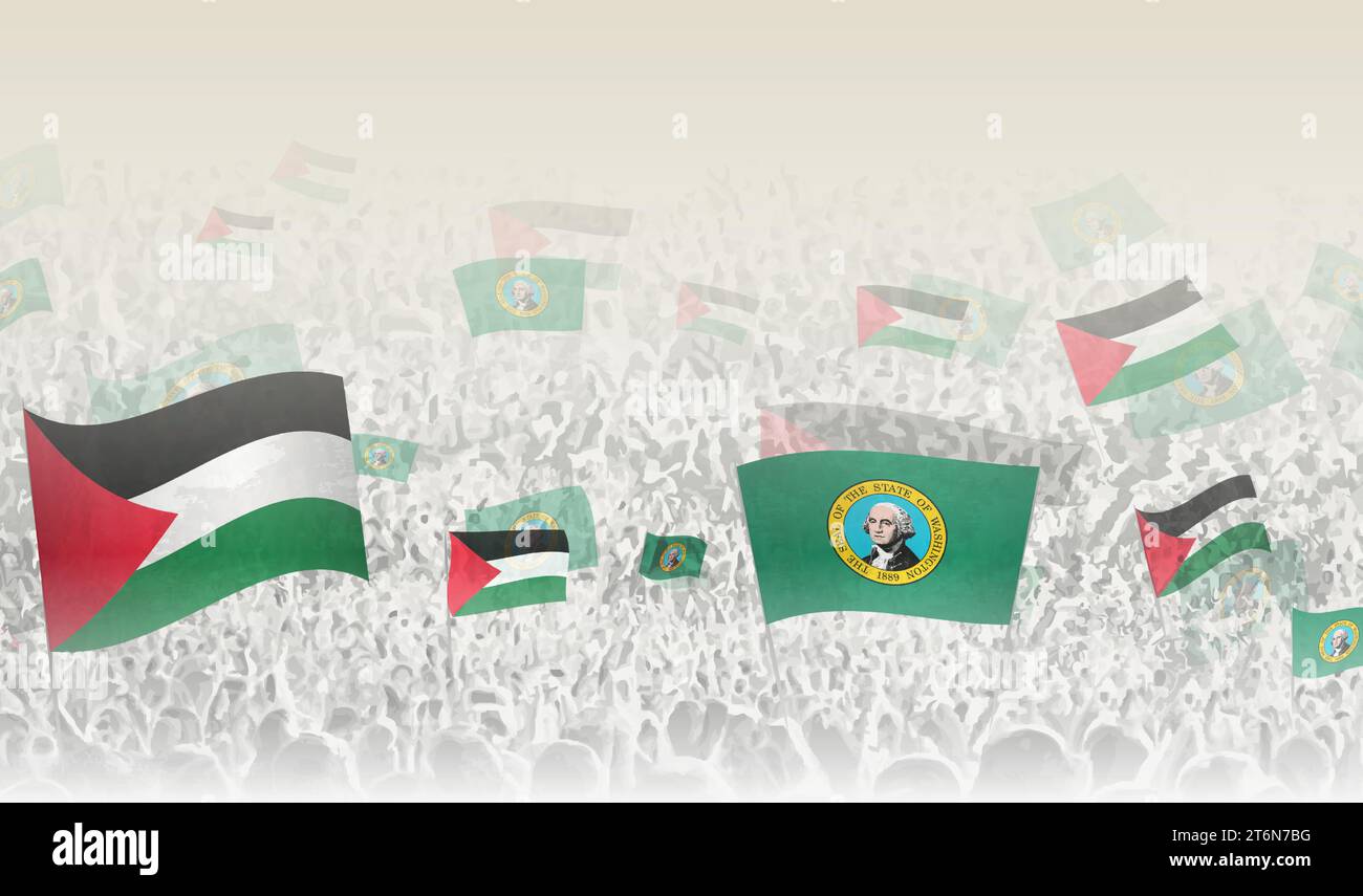 Palestine and Washington flags in a crowd of cheering people. Crowd of people with flags. Vector illustration. Stock Vector