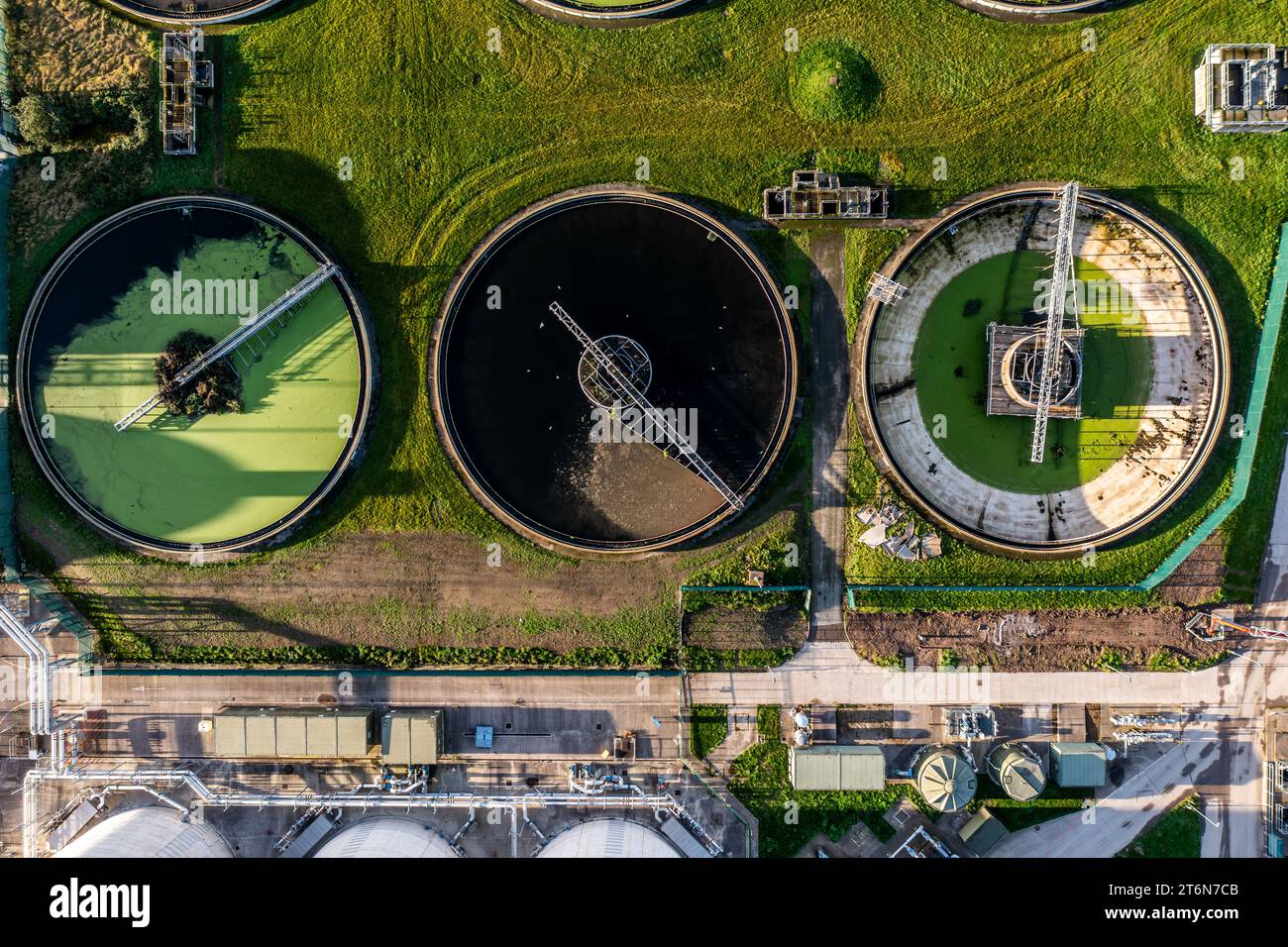 An aerial view directly above a waste water treatment works with