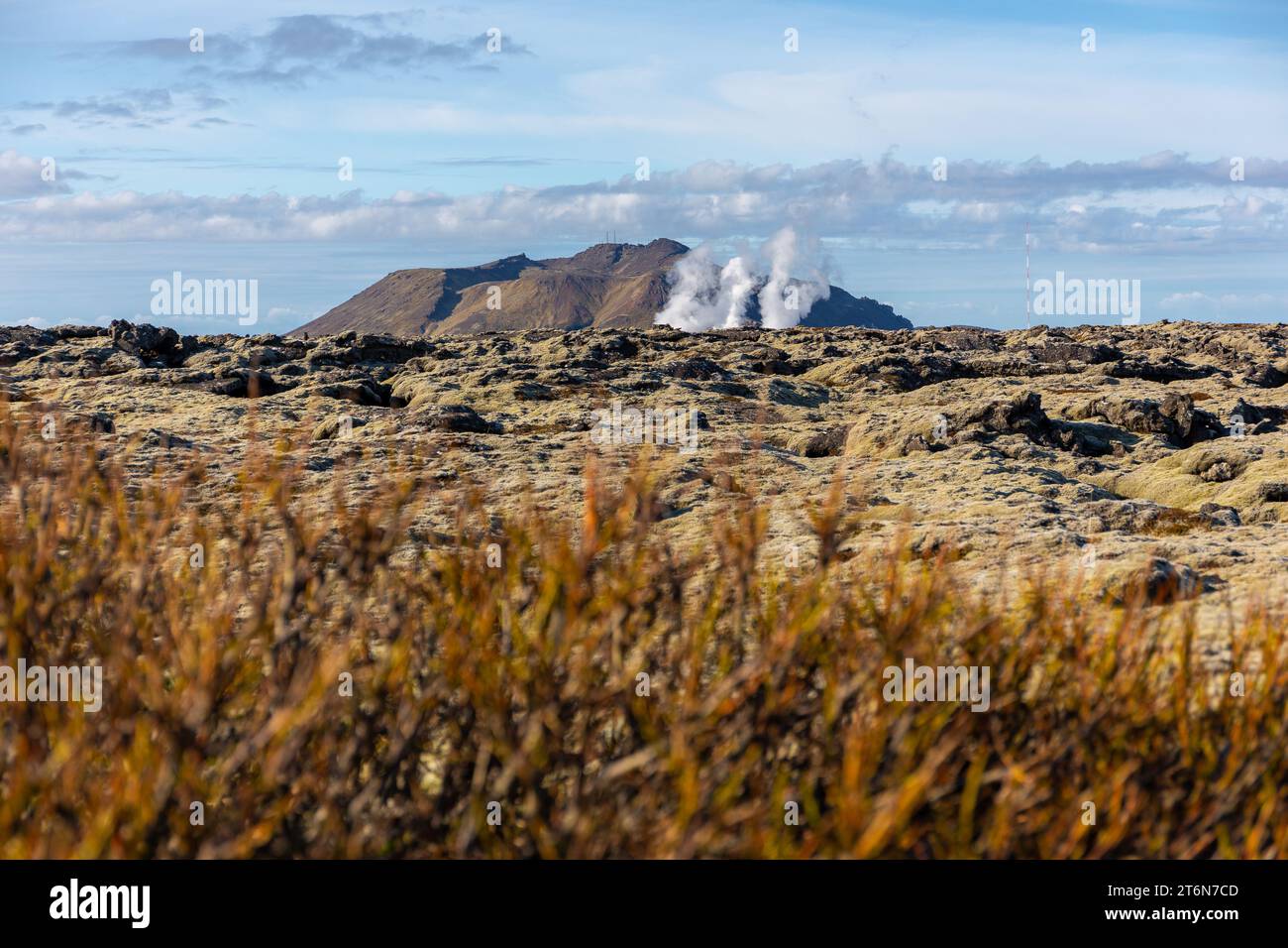 Volcanic landscape of Reykjanes peninsula with lava fields and gas ...