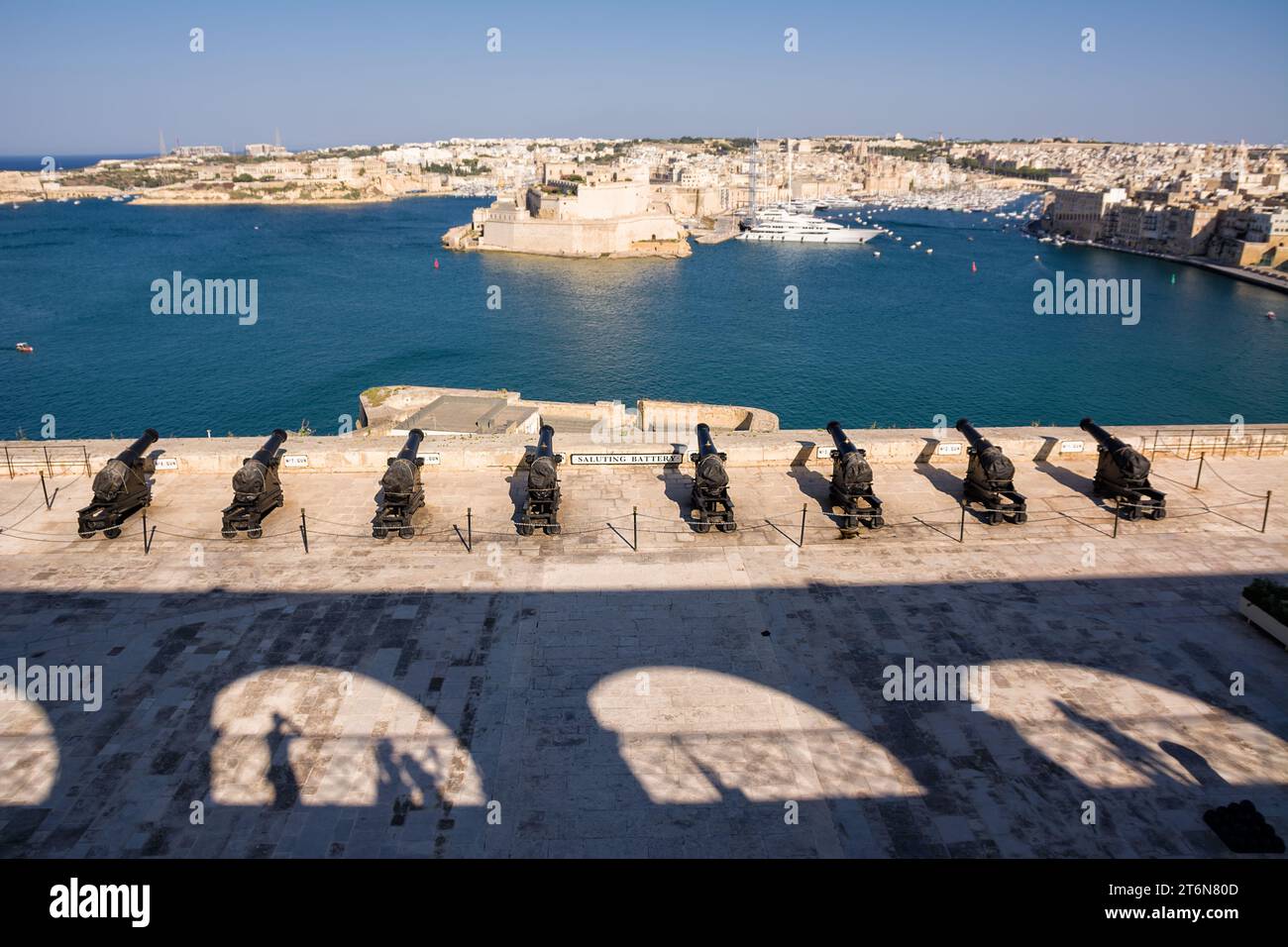 The three cities, Senglea, Vittoriosa and Cospicua, and in the foreground the cannons of the garden photographed from the capital Valletta, Malta Stock Photo