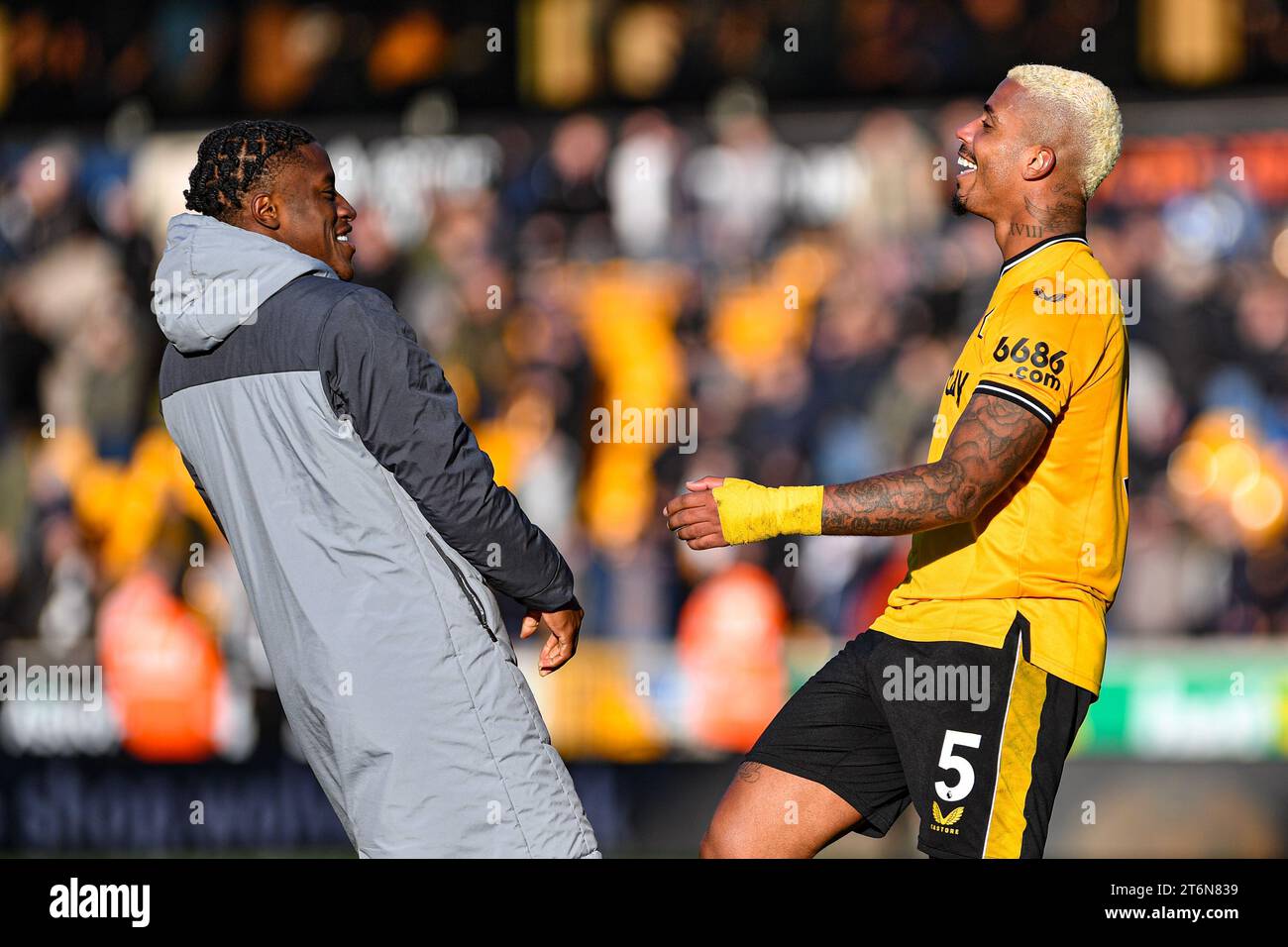 11th November 2023;  Molineux Stadium, Wolverhampton, West Midlands, England; Premier League Football, Wolverhampton Wanderers versus Tottenham Hotspur; A jubilant Mario Lemina of Wolves dances in celebration after scoring the winning goal in the 97th minute 2-1 Stock Photo