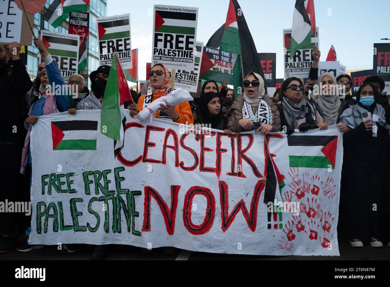 London UK. 11th November 2023.  Free Palestine march through central London. The march started at  Hyde Park and ended at the us embassy.  The protesters were calling for a ceasefire..  Andrew Steven Graham/Alamy Live News Stock Photo