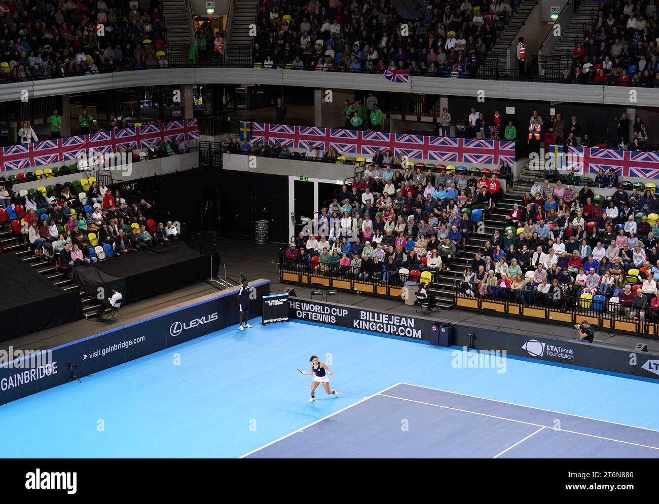 Great Britain's Jodie Burrage in action against Sweden's Kajsa Rinaldo Persson (not pictured) during day one of the 2023 Billie Jean King Cup play-off between Great Britain and Sweden at the Copper Box Arena, London. Picture date: Saturday November 11, 2023. Stock Photo
