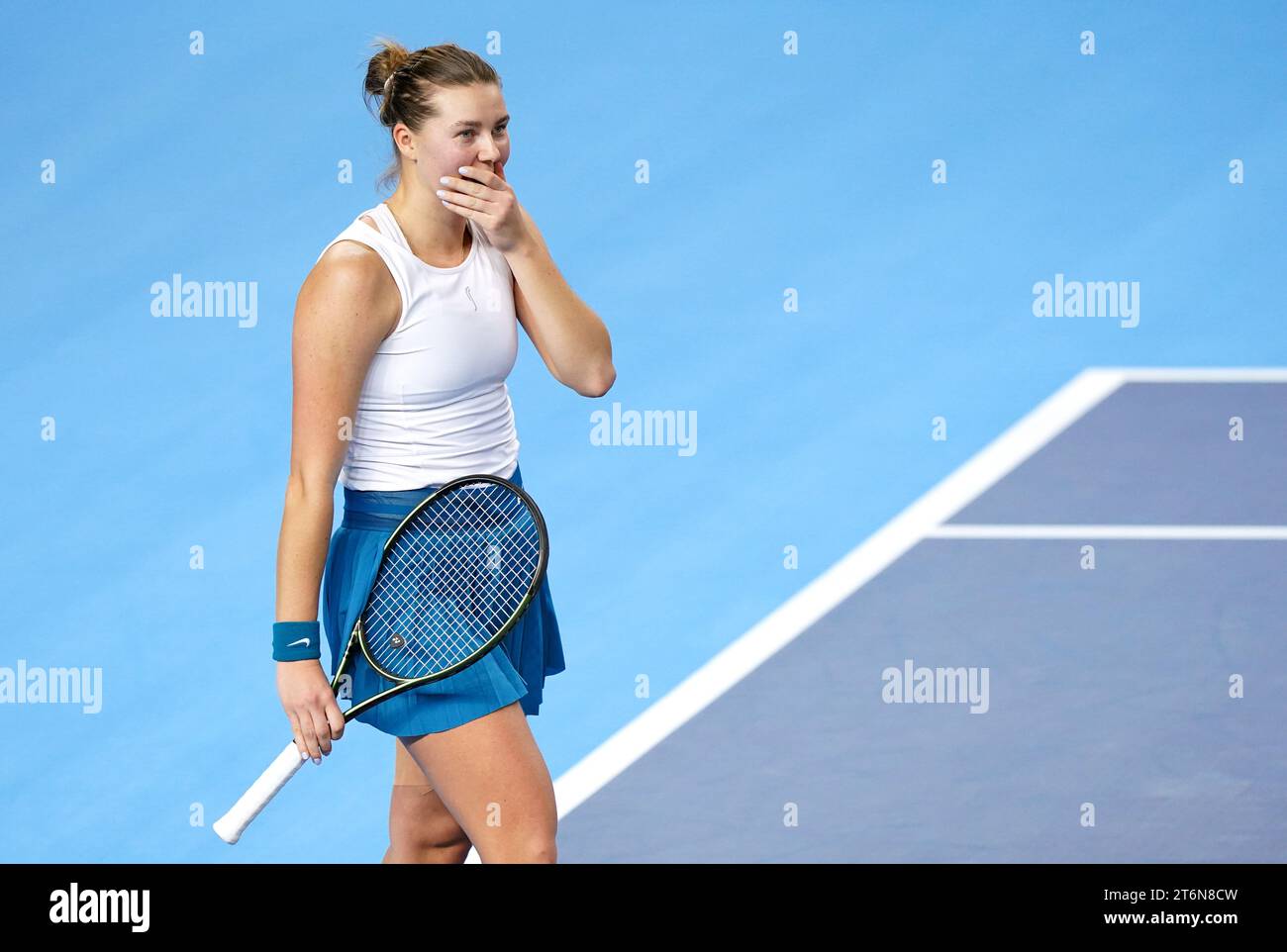 Sweden's Kajsa Rinaldo Persson celebrates victory against Great Britain's Jodie Burrage (not pictured) during day one of the 2023 Billie Jean King Cup play-off between Great Britain and Sweden at the Copper Box Arena, London. Picture date: Saturday November 11, 2023. Stock Photo
