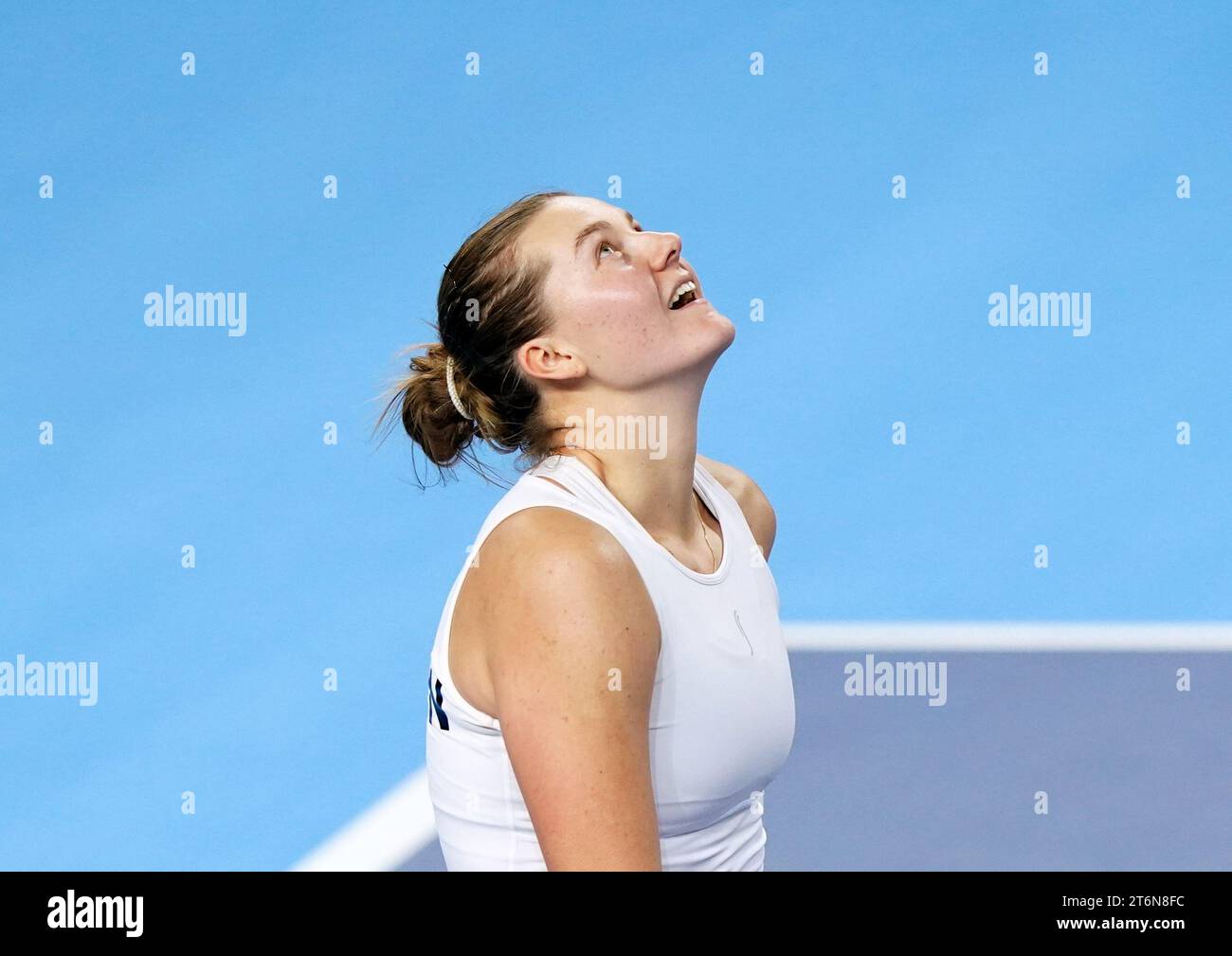 Sweden's Kajsa Rinaldo Persson celebrates victory against Great Britain's Jodie Burrage (not pictured) during day one of the 2023 Billie Jean King Cup play-off between Great Britain and Sweden at the Copper Box Arena, London. Picture date: Saturday November 11, 2023. Stock Photo