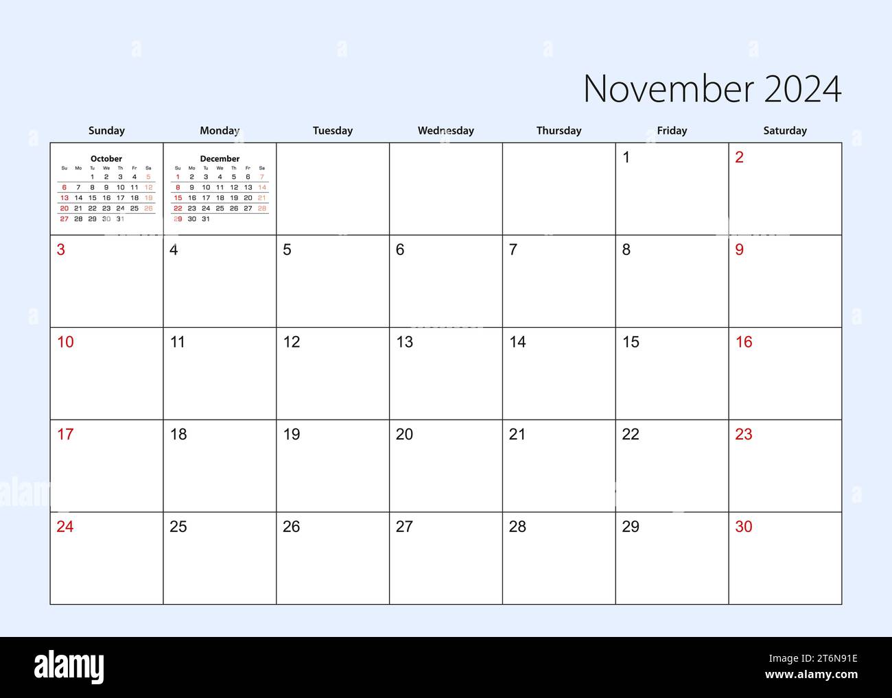 Wall calendar planner for November 2024. English language, week starts