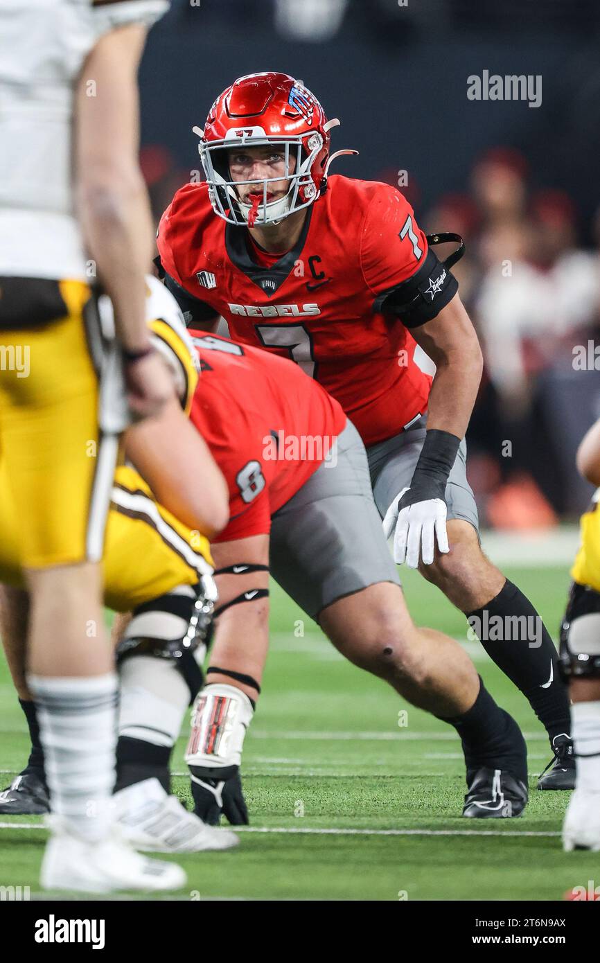 November 10, 2023: UNLV Rebels linebacker Jackson Woodard (7) watches the quarterback during the first half of the college football game featuring the Wyoming Cowboys and the UNLV Rebels at Allegiant Stadium in Las Vegas, NV. Christopher Trim/CSM. (Credit Image: © Christopher Trim/Cal Sport Media) Stock Photo