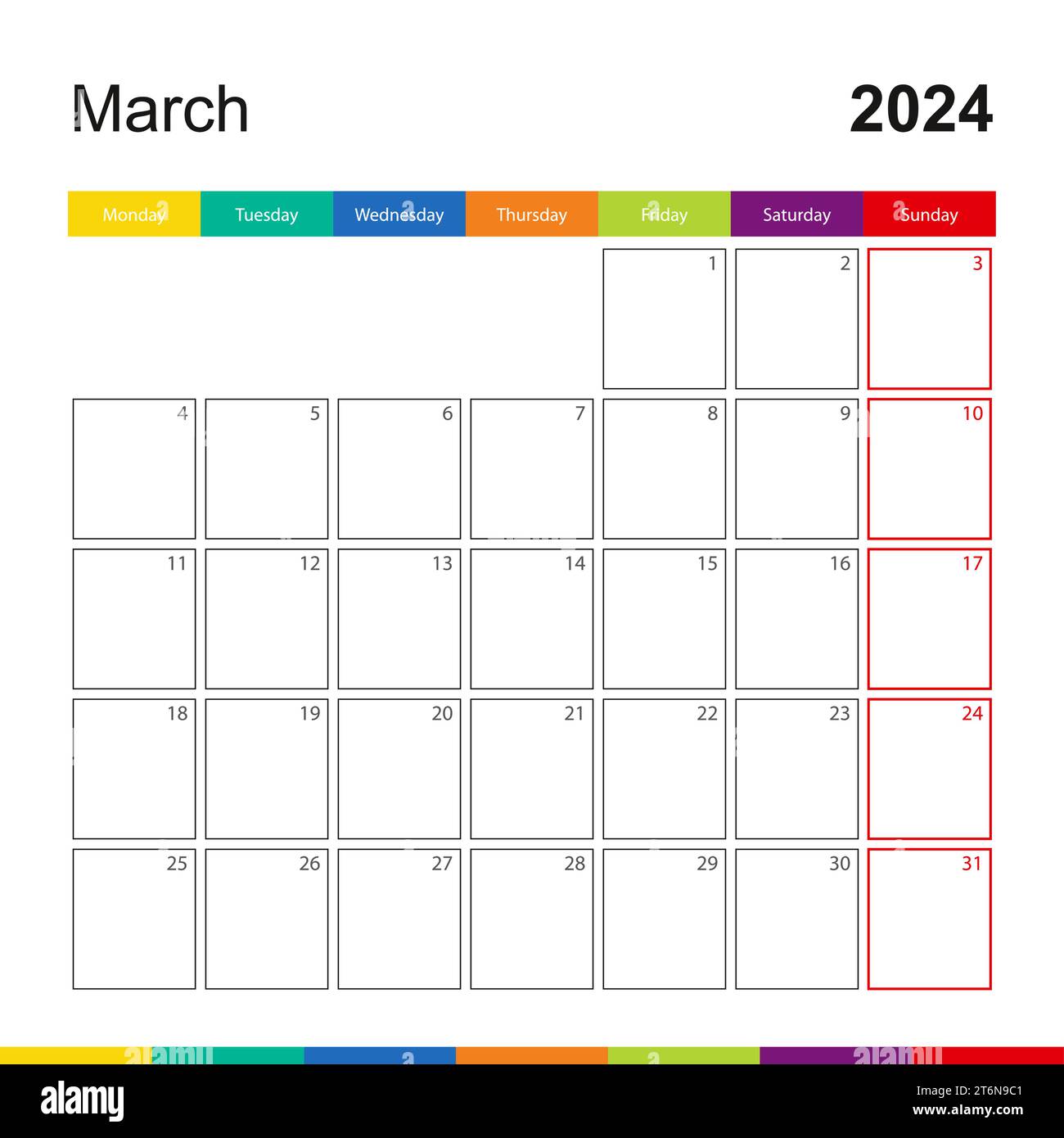 March 2025 colorful wall calendar, week starts on Monday. 2025 Calendar
