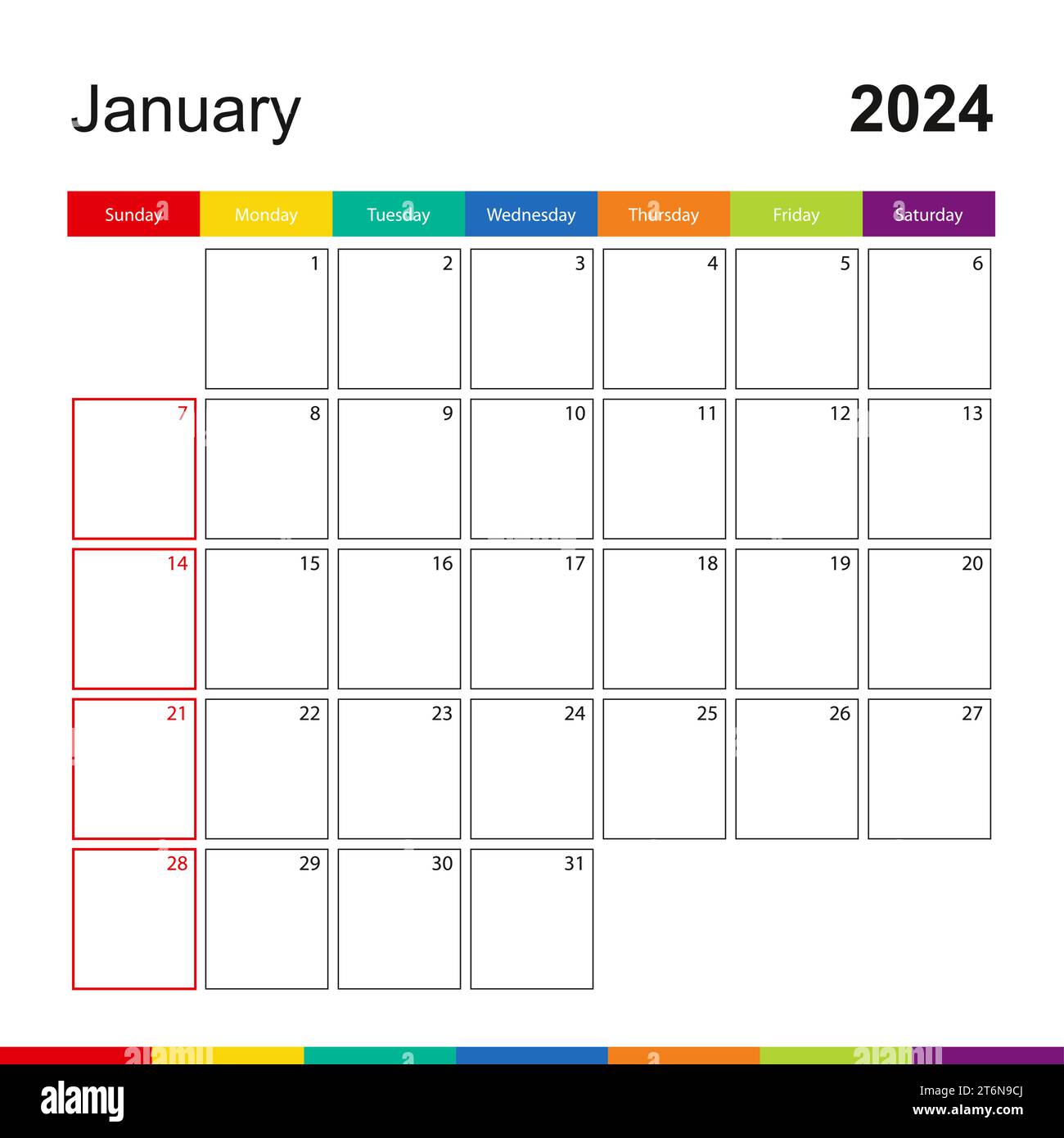 January 2024 colorful wall calendar, week starts on Sunday. 2024