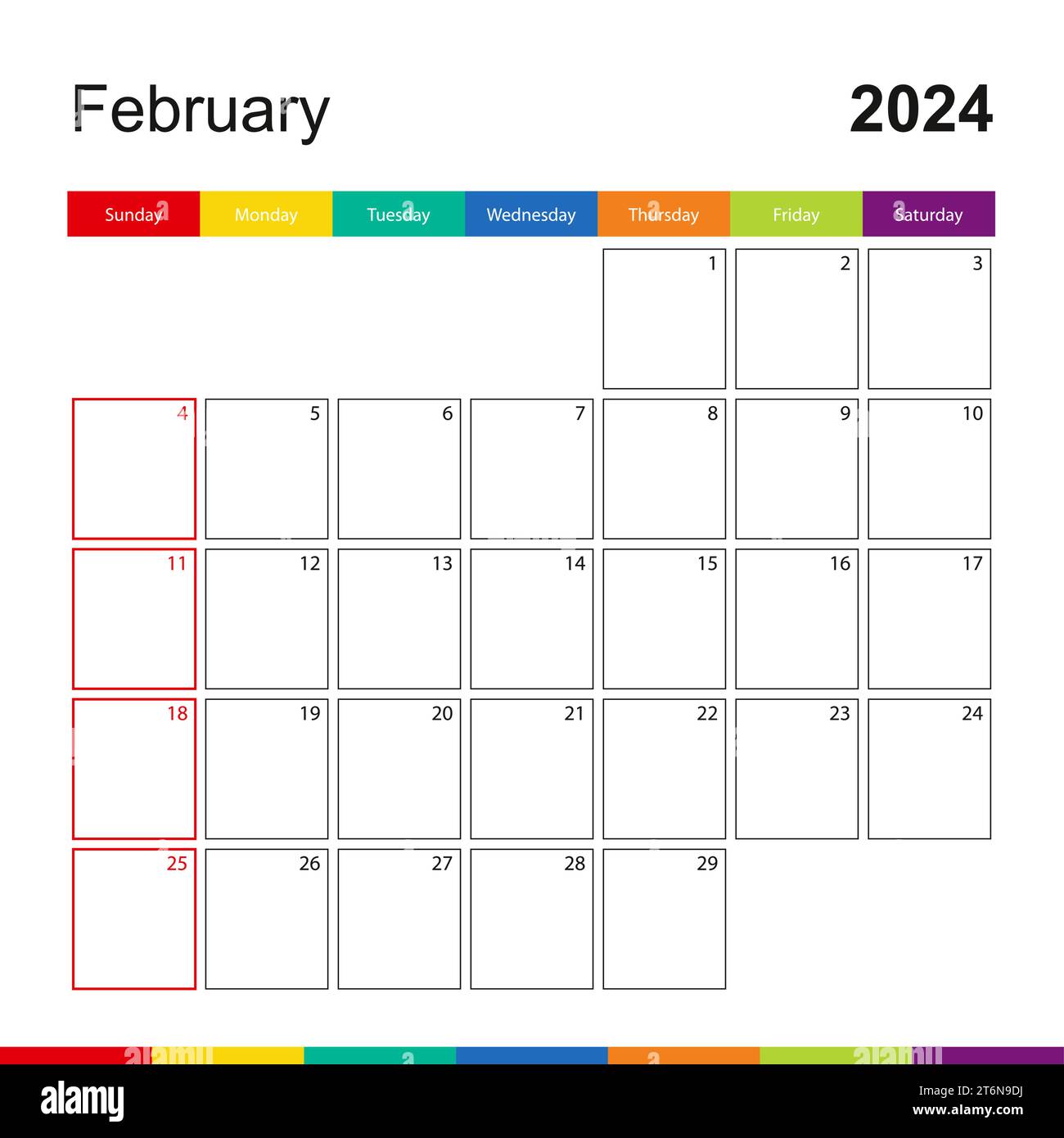 February 2024 colorful wall calendar, week starts on Sunday. 2024