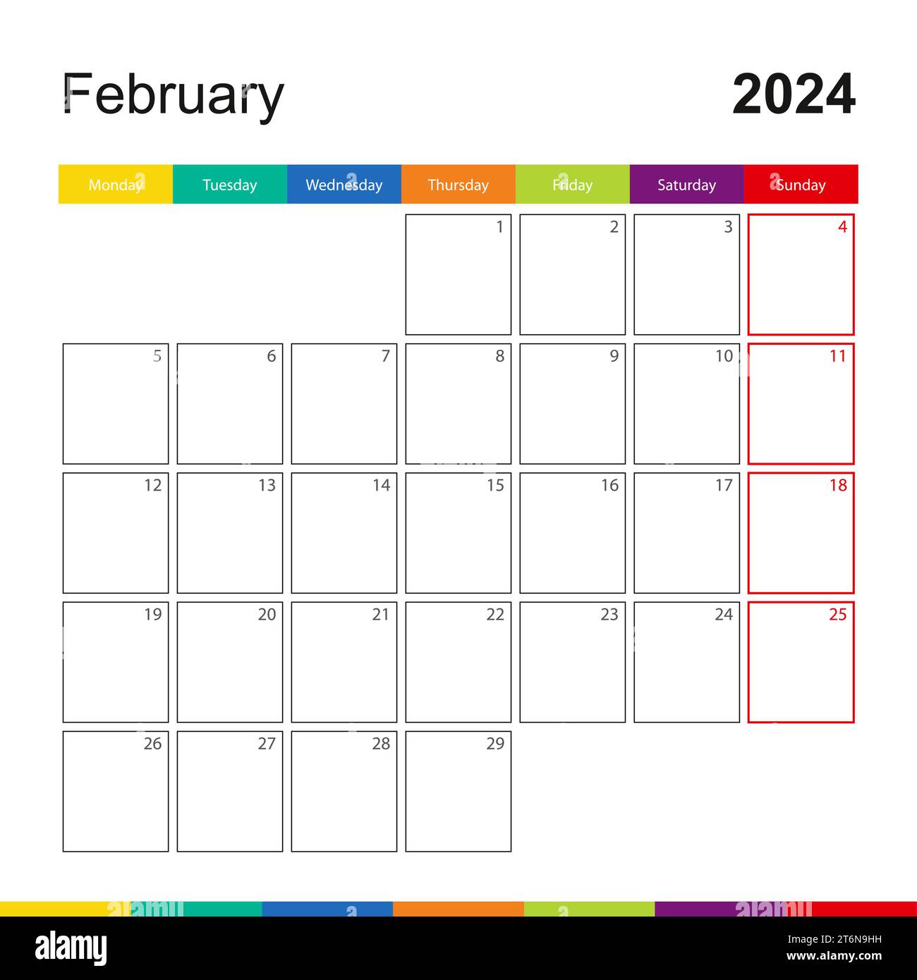 February 2024 colorful wall calendar, week starts on Monday. 2024