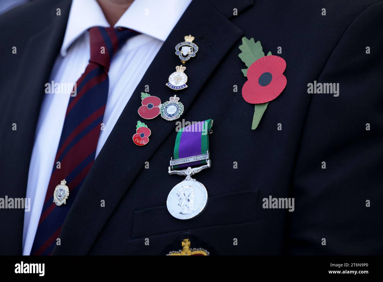 A poppy, pin badges and service medals on the blazer of a former serviceman before the Sky Bet 