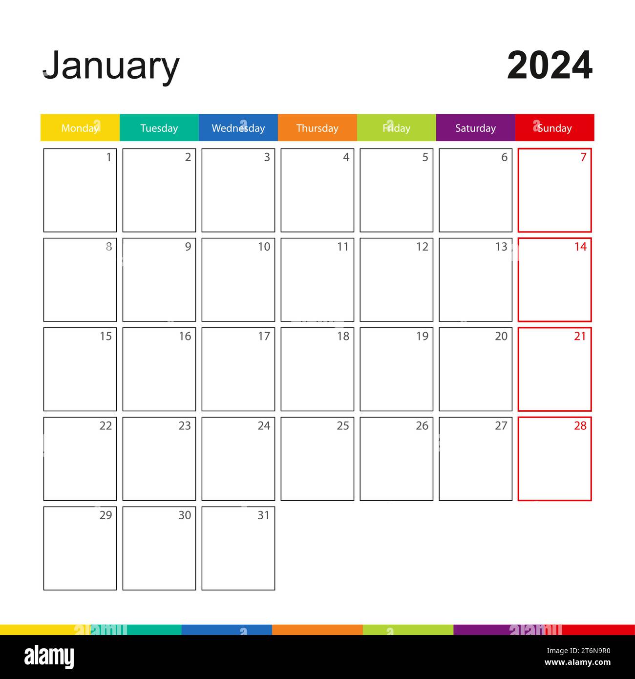 January 2024 colorful wall calendar, week starts on Monday. 2024