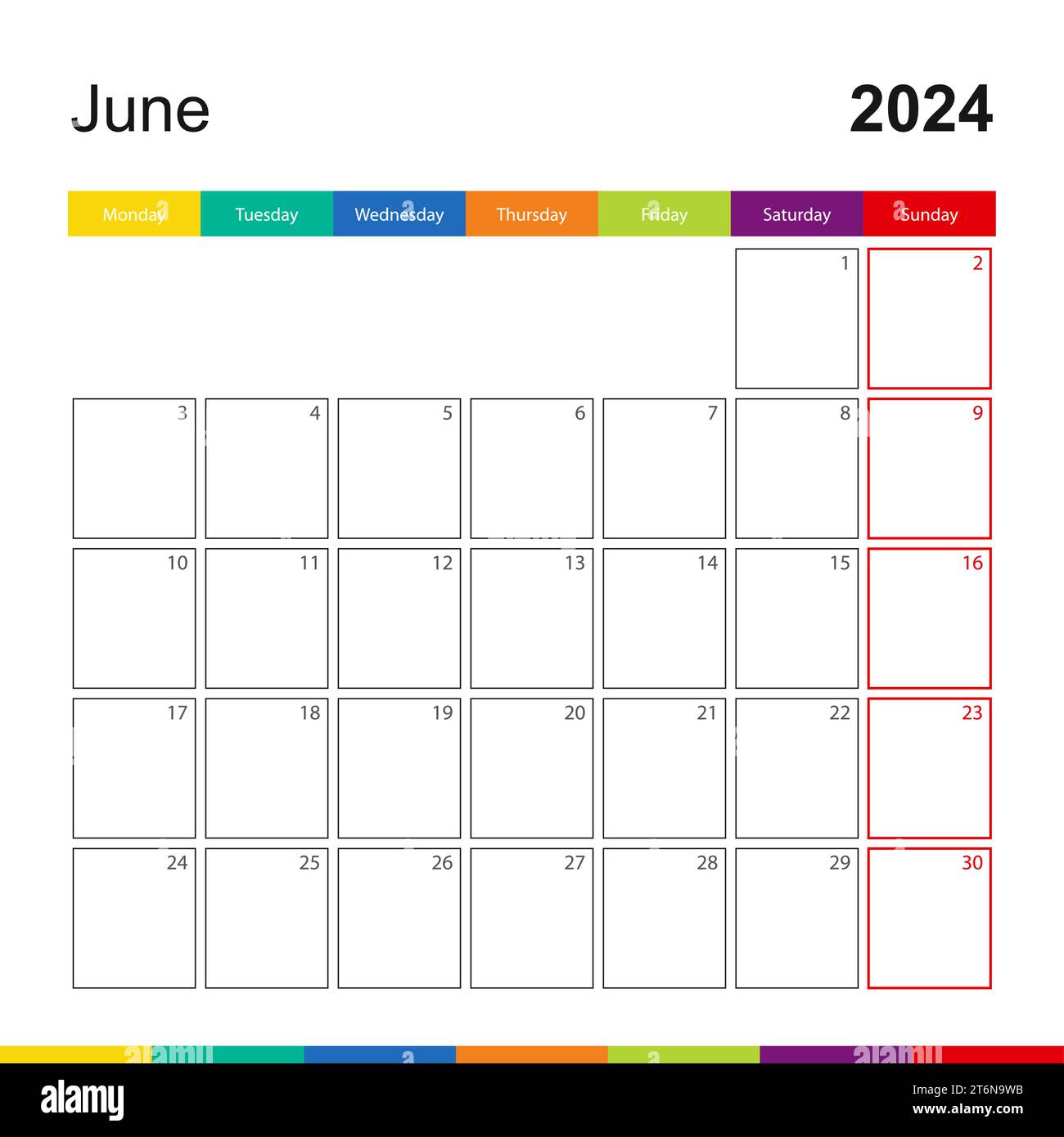 June 2025 colorful wall calendar, week starts on Monday. 2025 Calendar