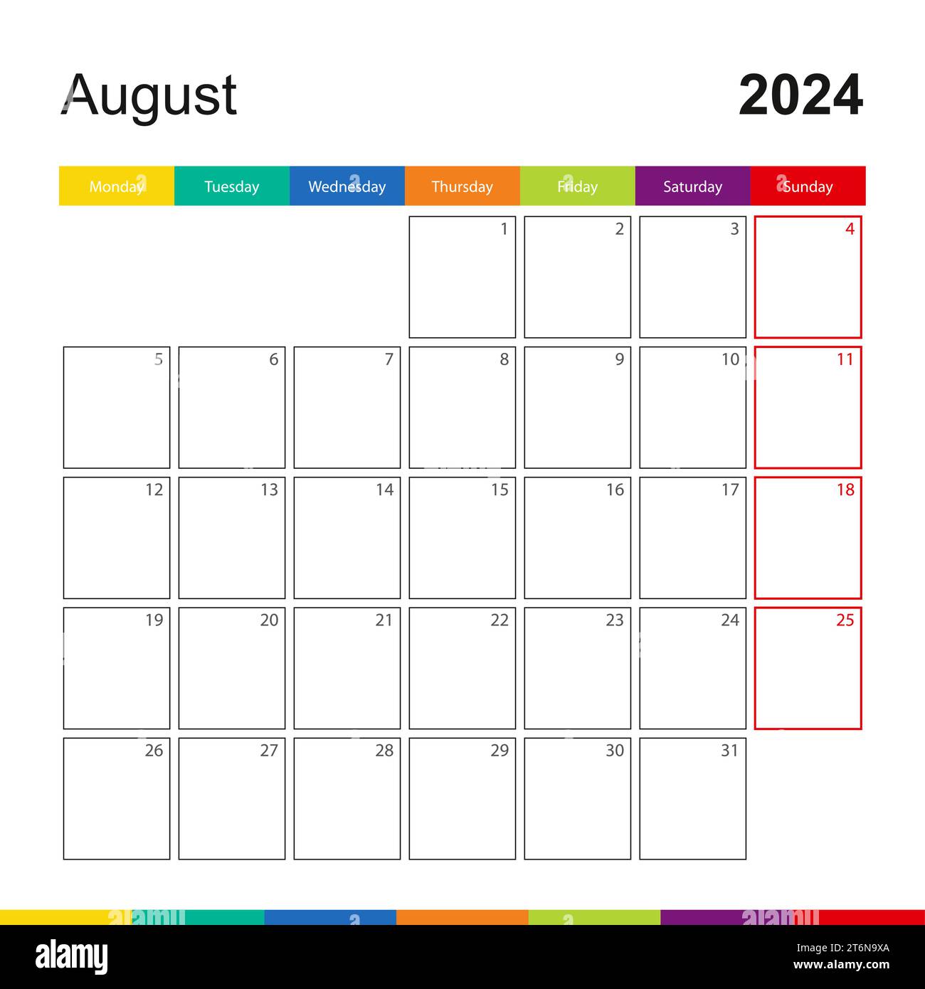 August 2024 colorful wall calendar, week starts on Monday. 2024