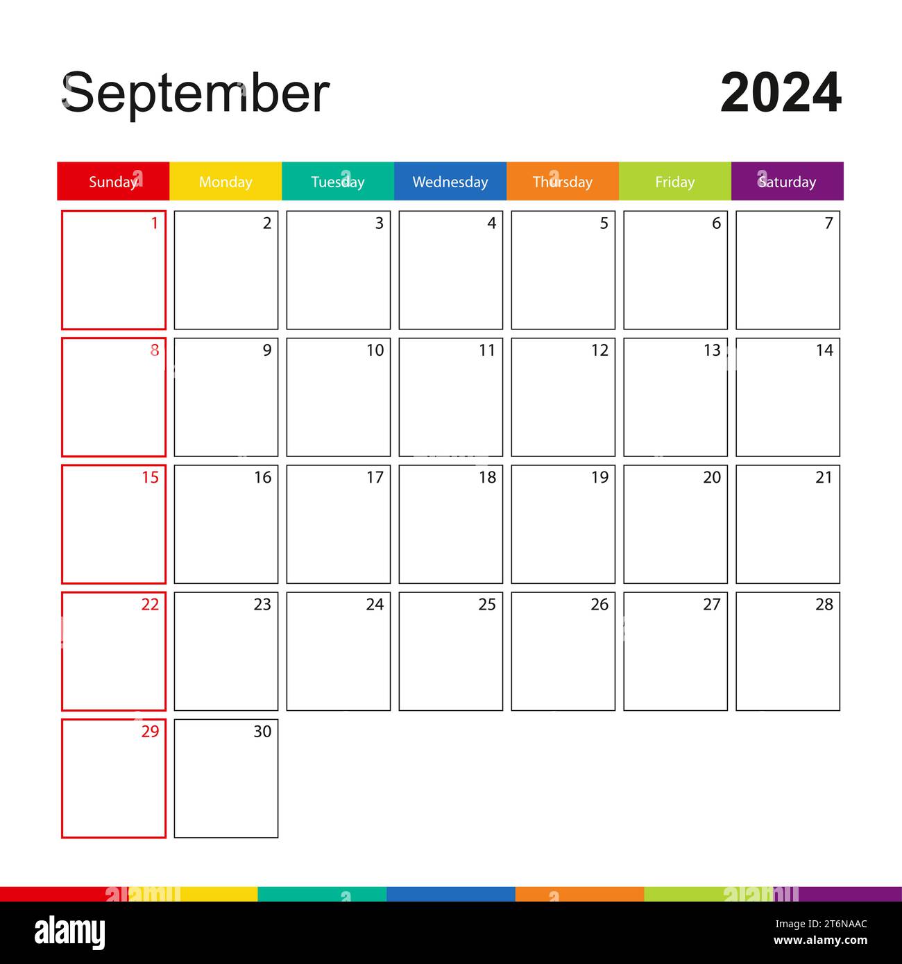 September 2024 colorful wall calendar, week starts on Sunday. 2024