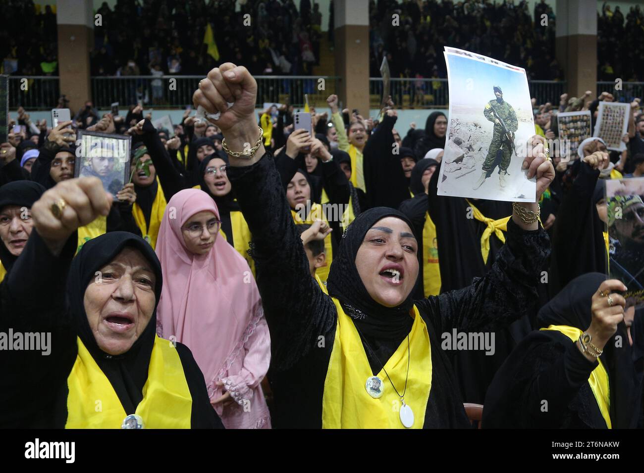 11 November 2023, Lebanon, Beirut: Supporters of the Lebanese Shiite Muslim movement Hezbollah take part in an event marking the Martyrs' Day, amid the ongoing battles between Israel and the Palestinian group Hamas. Photo: Marwan Naamani/dpa Stock Photo