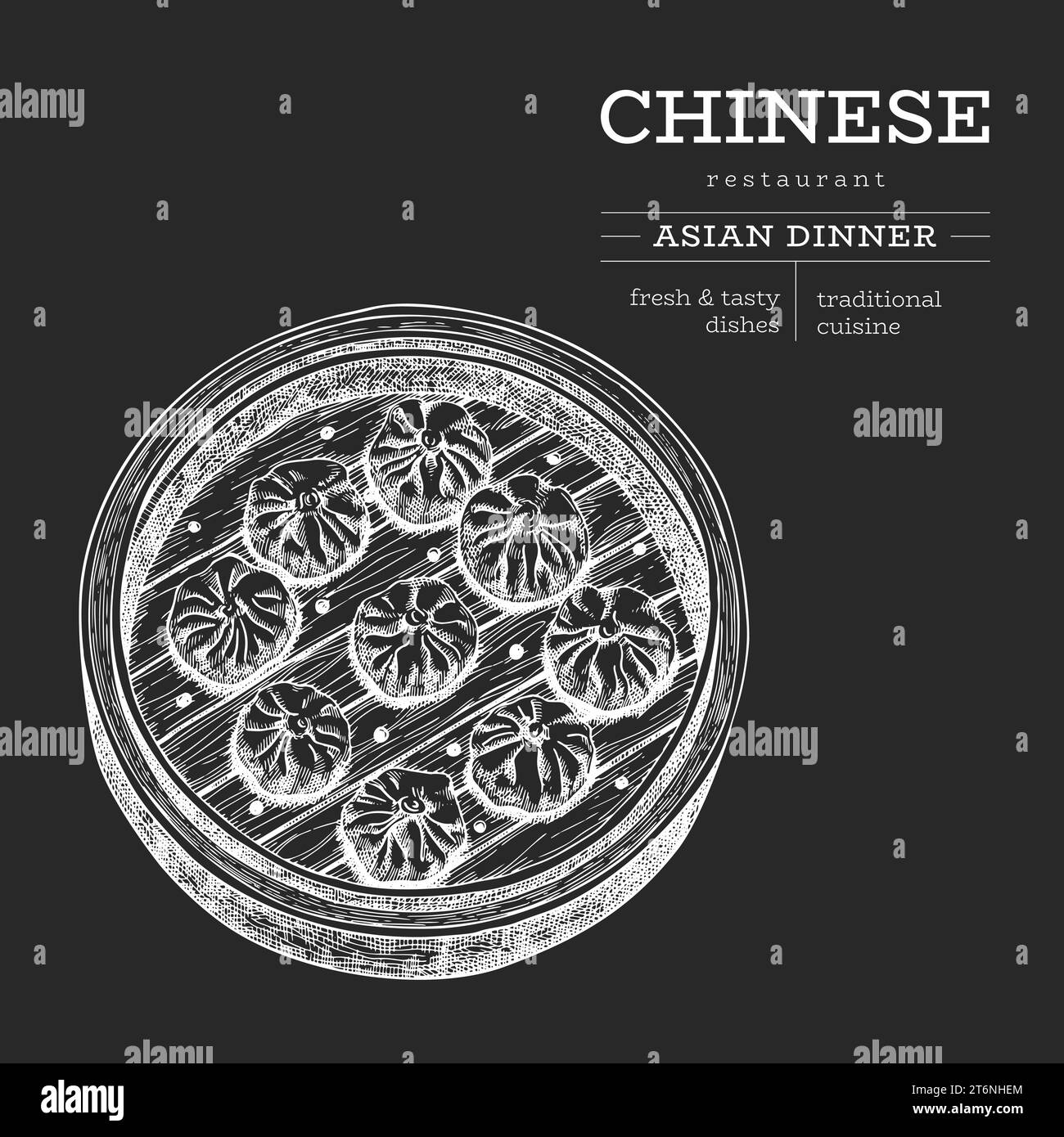 Chinese Dish Chalk Board Illustration. Vector Hand Drawn Isolated Dim Sum Set In Bamboo Steamer