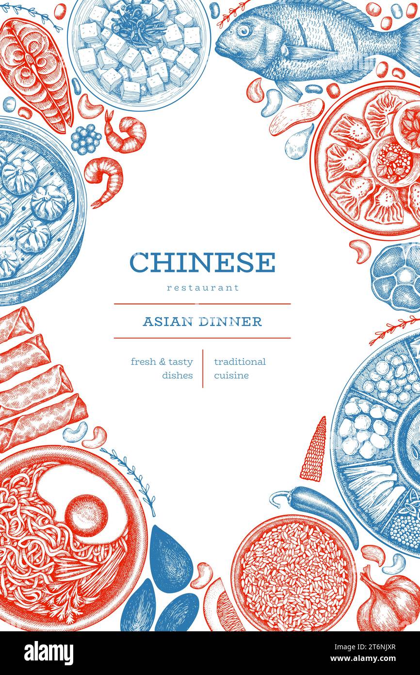 Chinese Cuisine Design Template. Vector Hand Drawn Asian Food Banner. Vintage Style Menu