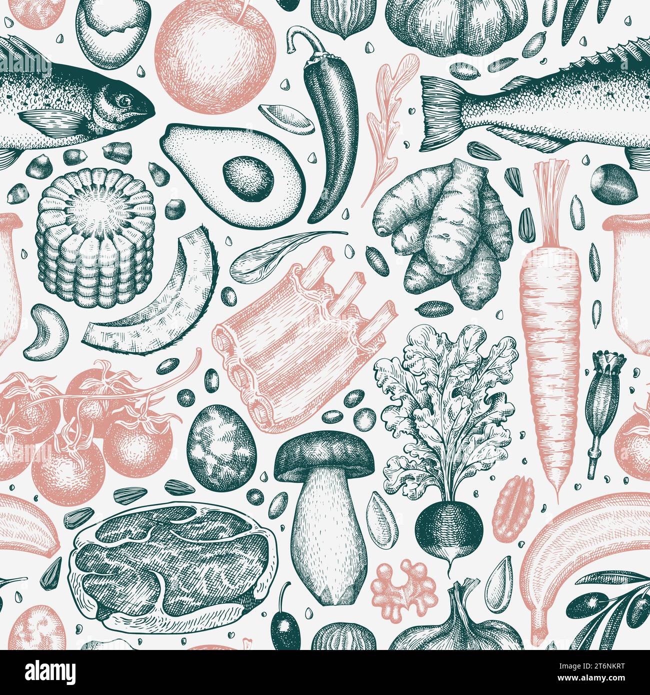 Paleo Diet Seamless Pattern. Vector Hand Drawn Healthy Food Background ...